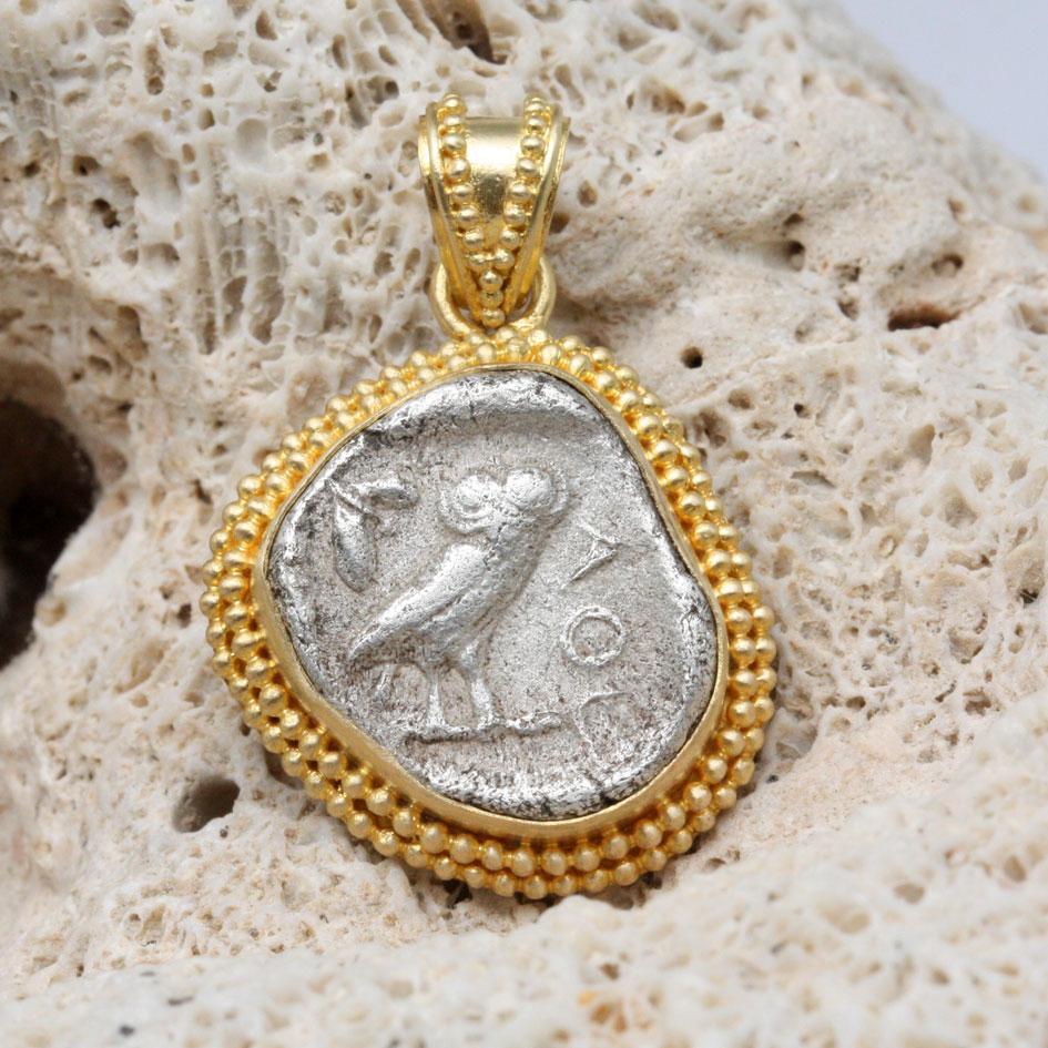 Ancient Greek 5th Century BC Athena Owl Coin 18K Gold Pendant For Sale 5