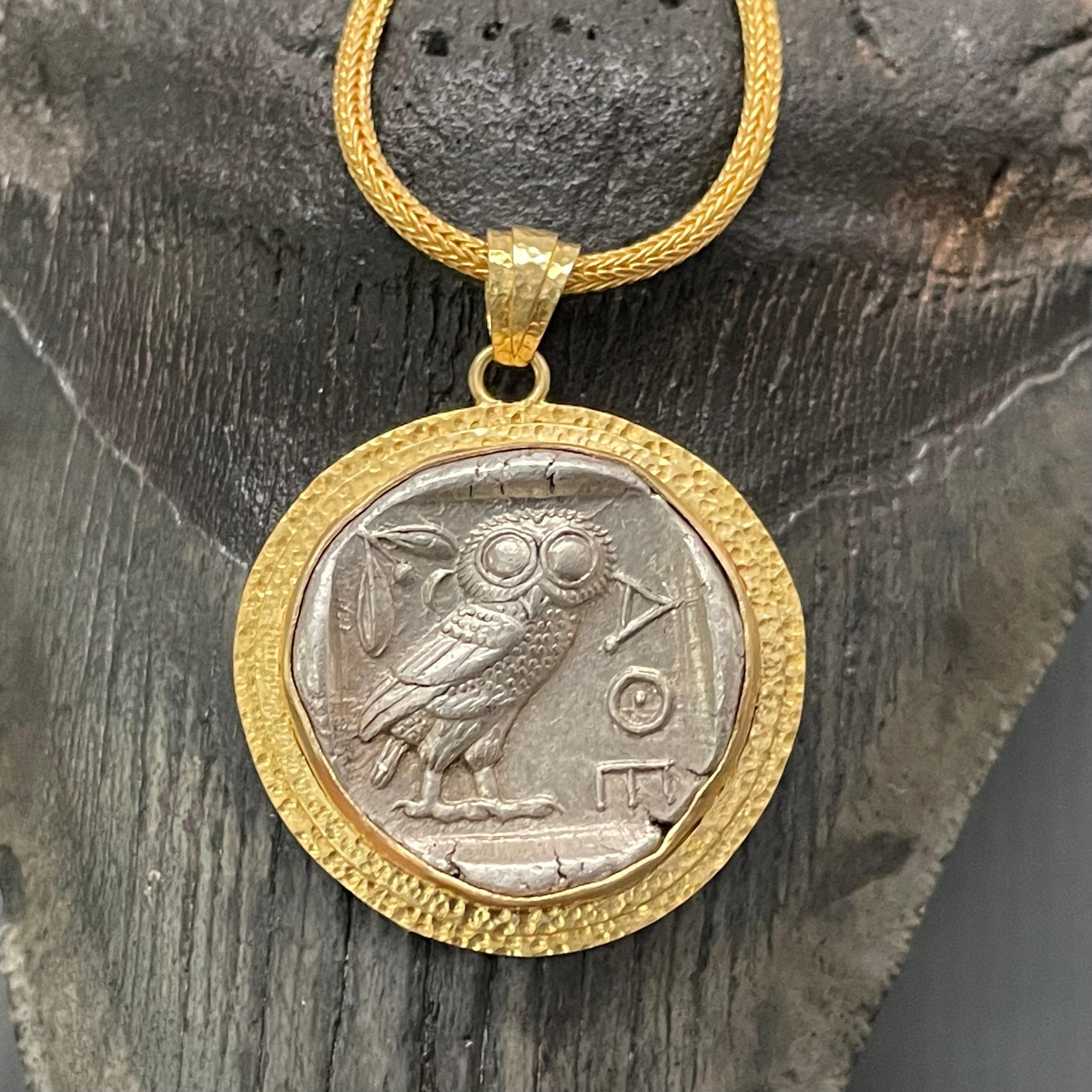 Ancient Greek 5th Century BC Athena Owl Coin 18K Gold Pendant For Sale 1