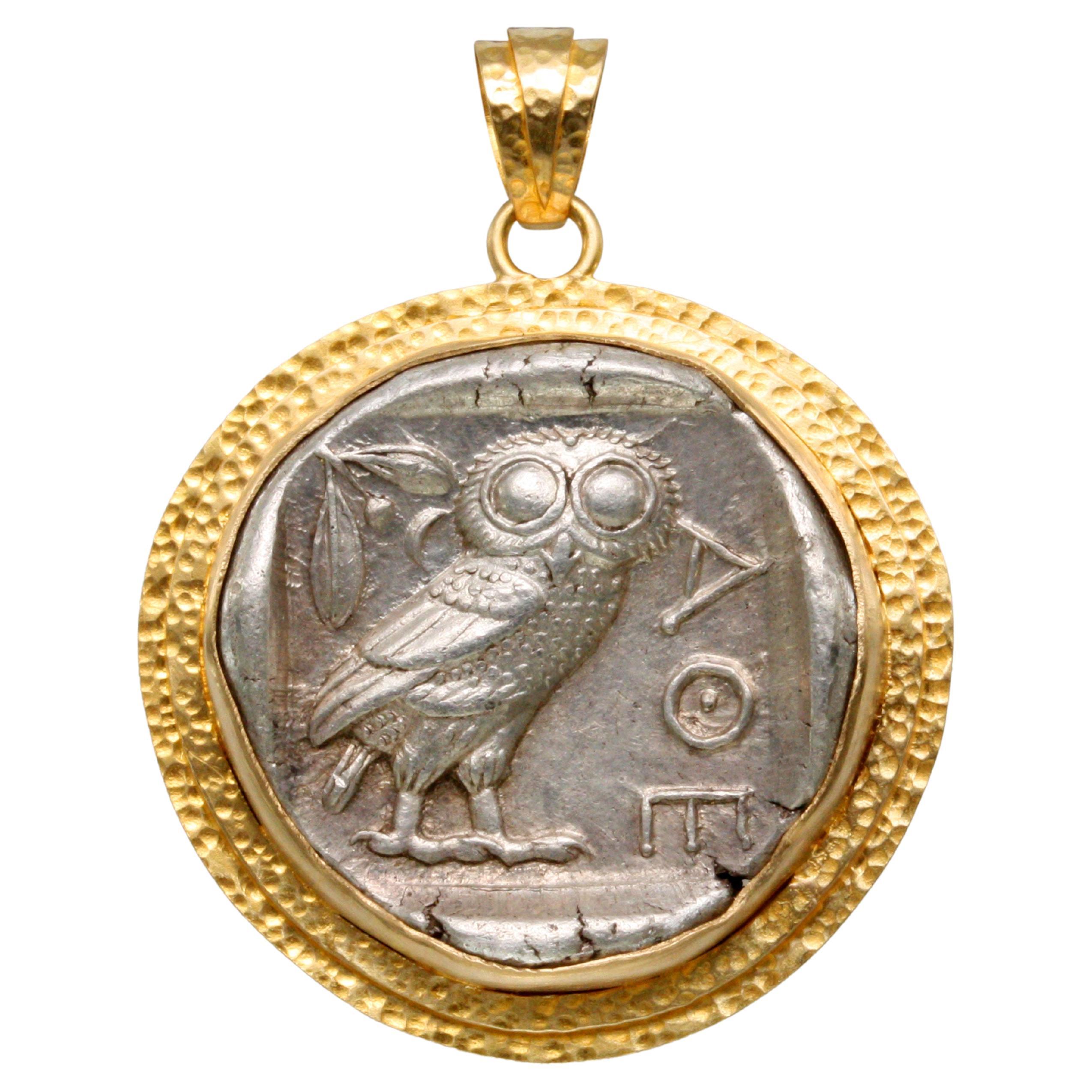 Ancient Greek 5th Century BC Athena Owl Coin 18K Gold Pendant