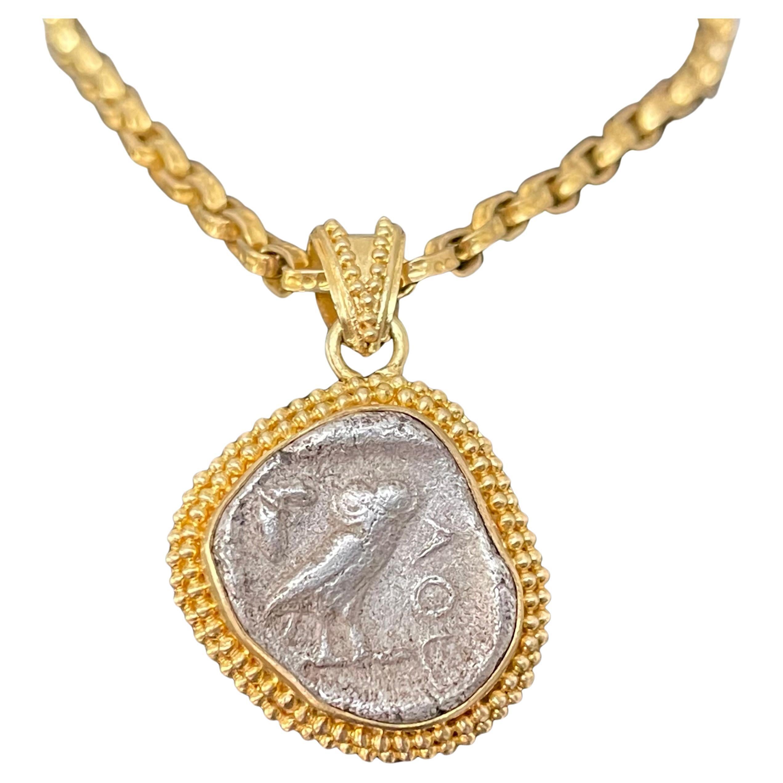 Ancient Greek 5th Century BC Athena Owl Coin 18K Gold Pendant For Sale