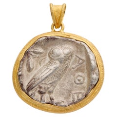 Ancient Greek 5th Century BC Athena Owl Coin 18K Gold Pendant