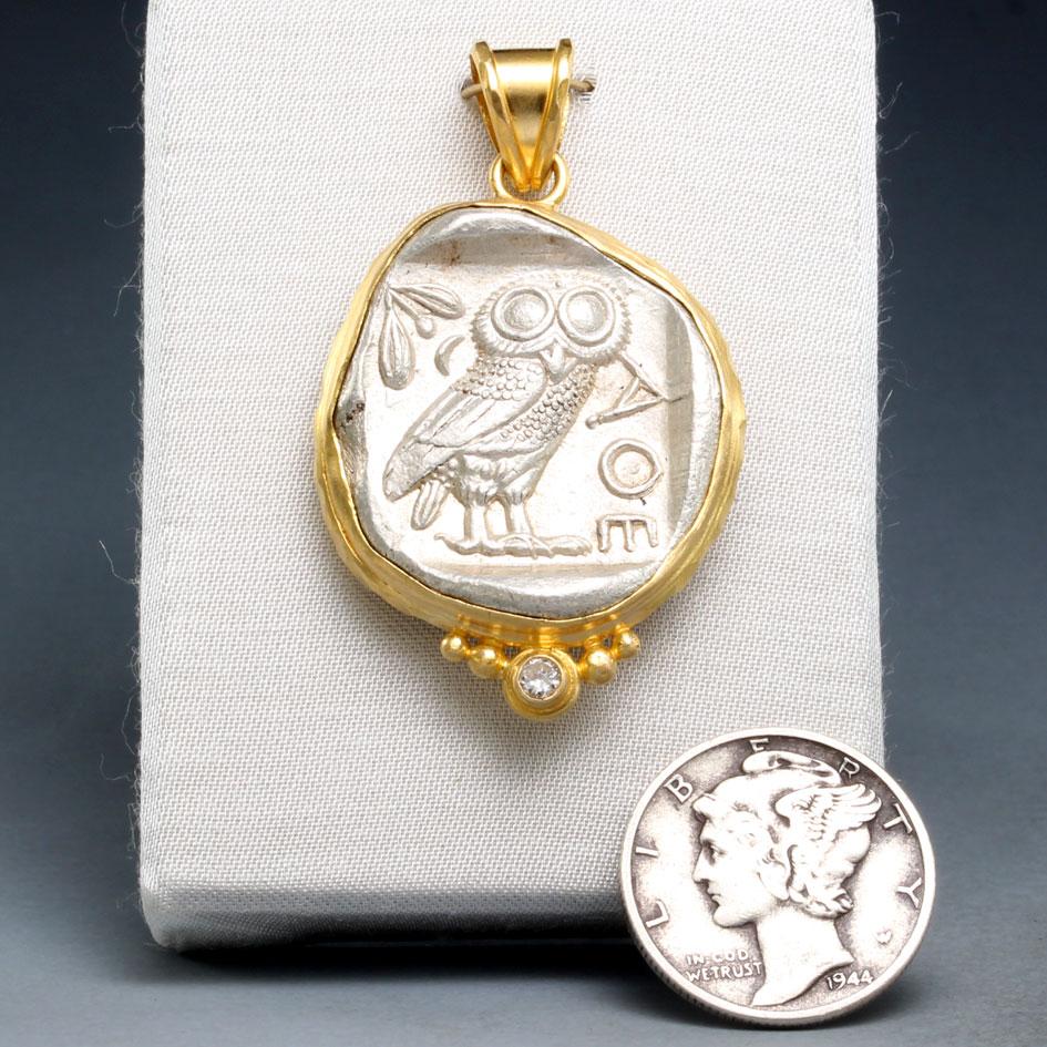 Pendentif en or 18 carats Athéna, hibou de la Grèce antique, 5e siècle av. 8