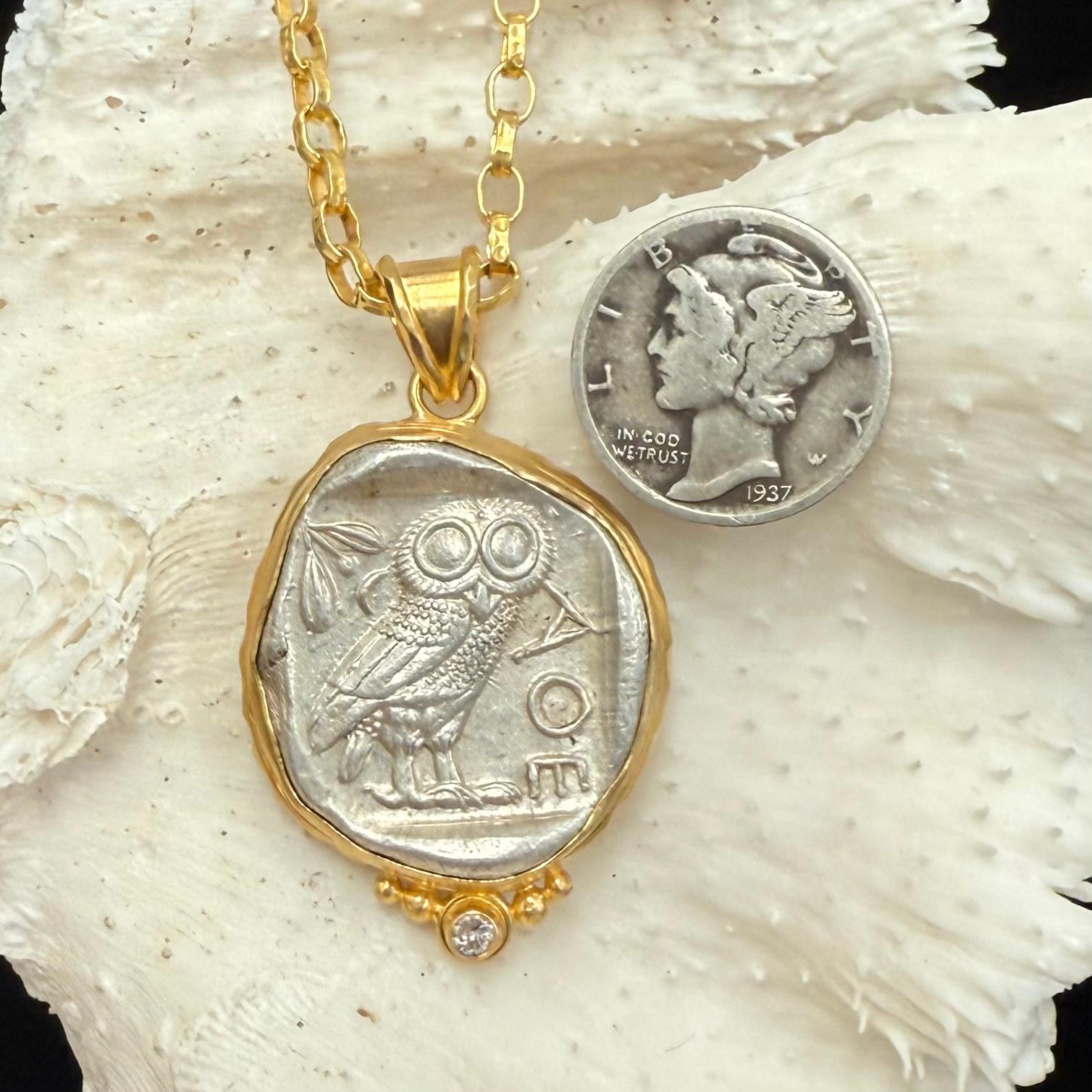 Pendentif en or 18 carats Athéna, hibou de la Grèce antique, 5e siècle av. 1