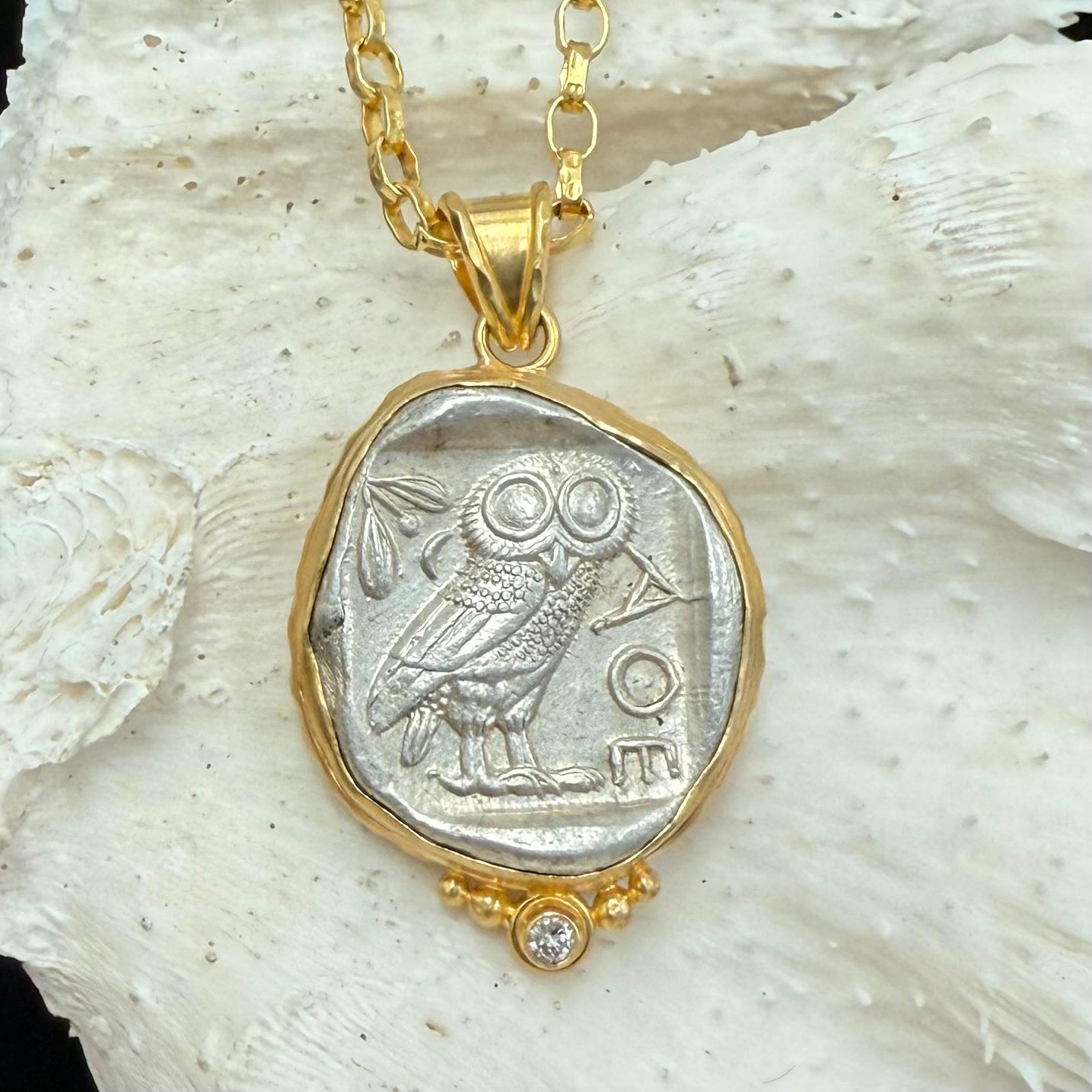 Pendentif en or 18 carats Athéna, hibou de la Grèce antique, 5e siècle av. 3