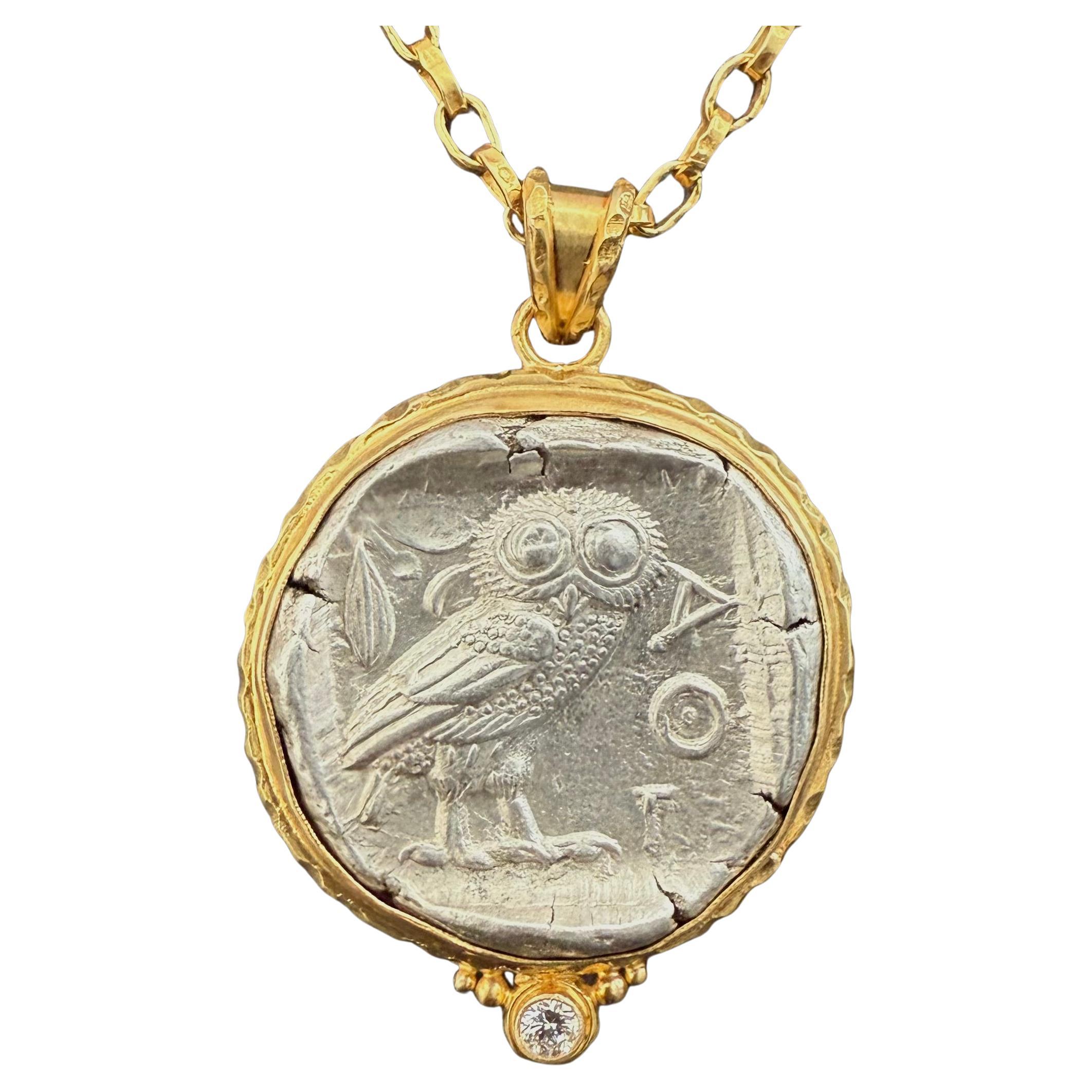 Ancient Greek 5th Century BC Athena Owl Coin Diamond 18K Gold Pendant