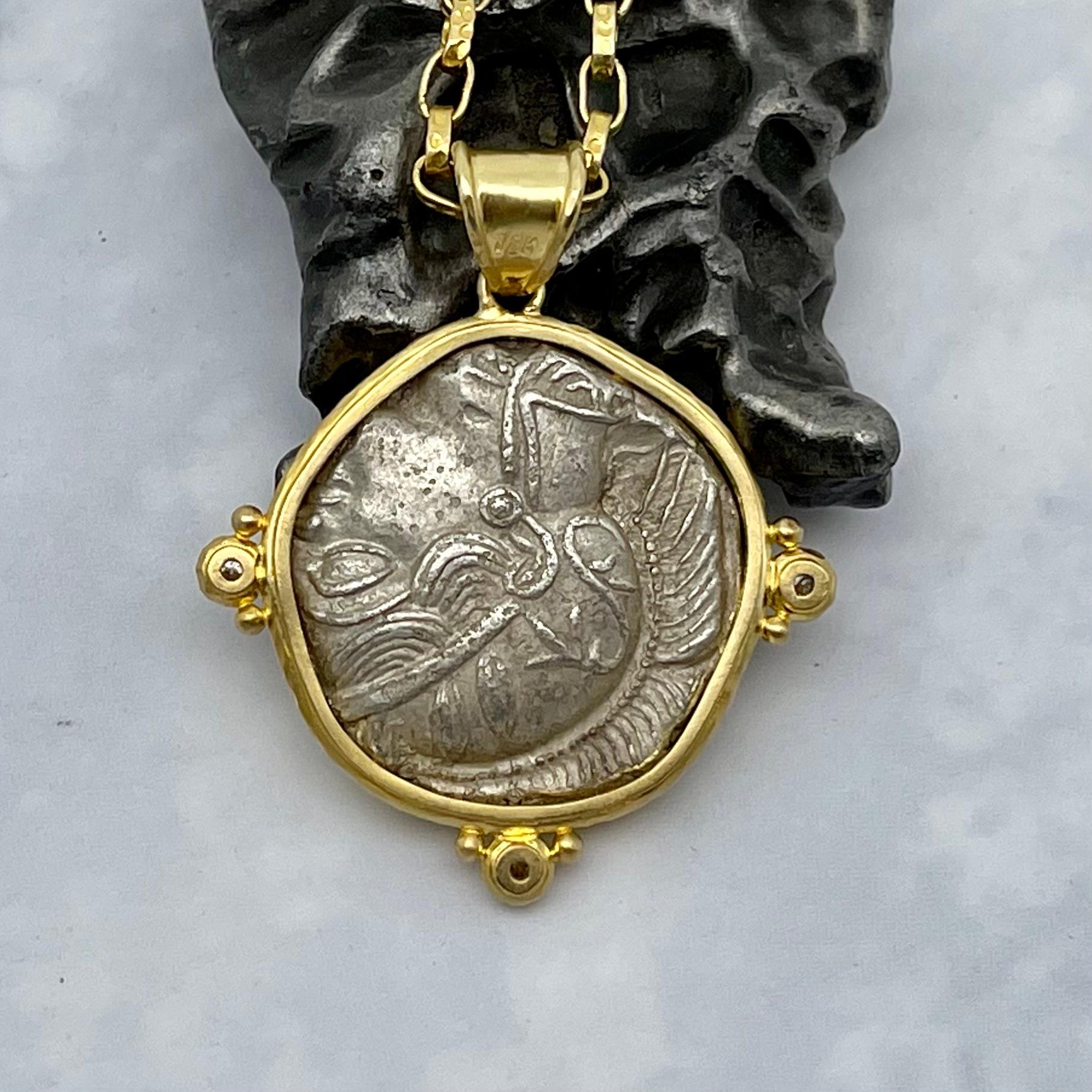 Ancient Greek 5th Century BC Athena Owl Coin Diamonds 18K Gold Pendant 1