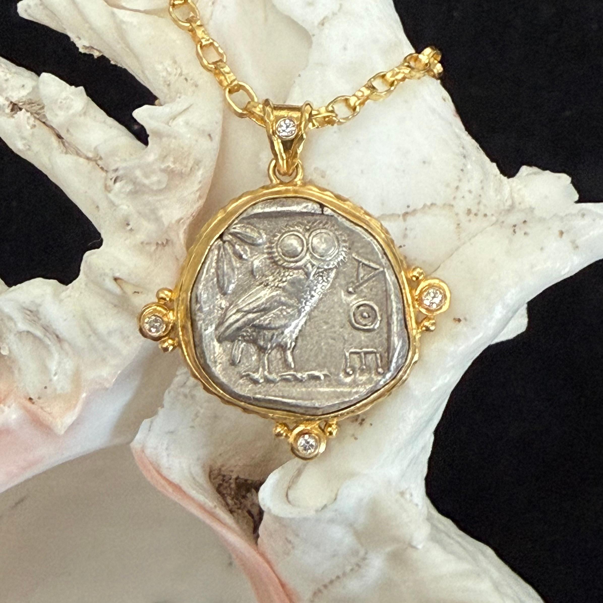 Ancient Greek 5th Century BC Athena Owl Coin Diamonds 18K Gold Pendant 4
