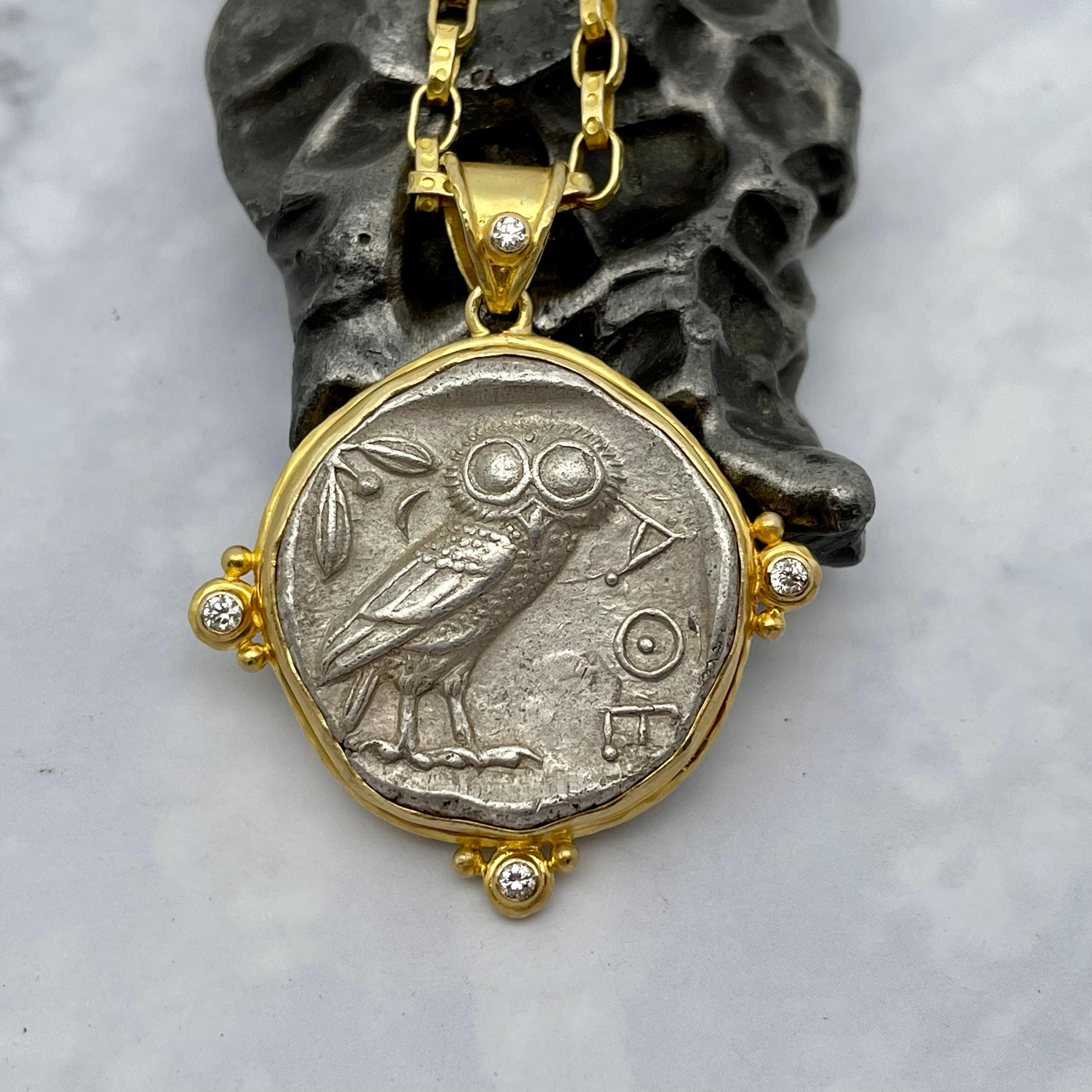 Ancient Greek 5th Century BC Athena Owl Coin Diamonds 18K Gold Pendant 2
