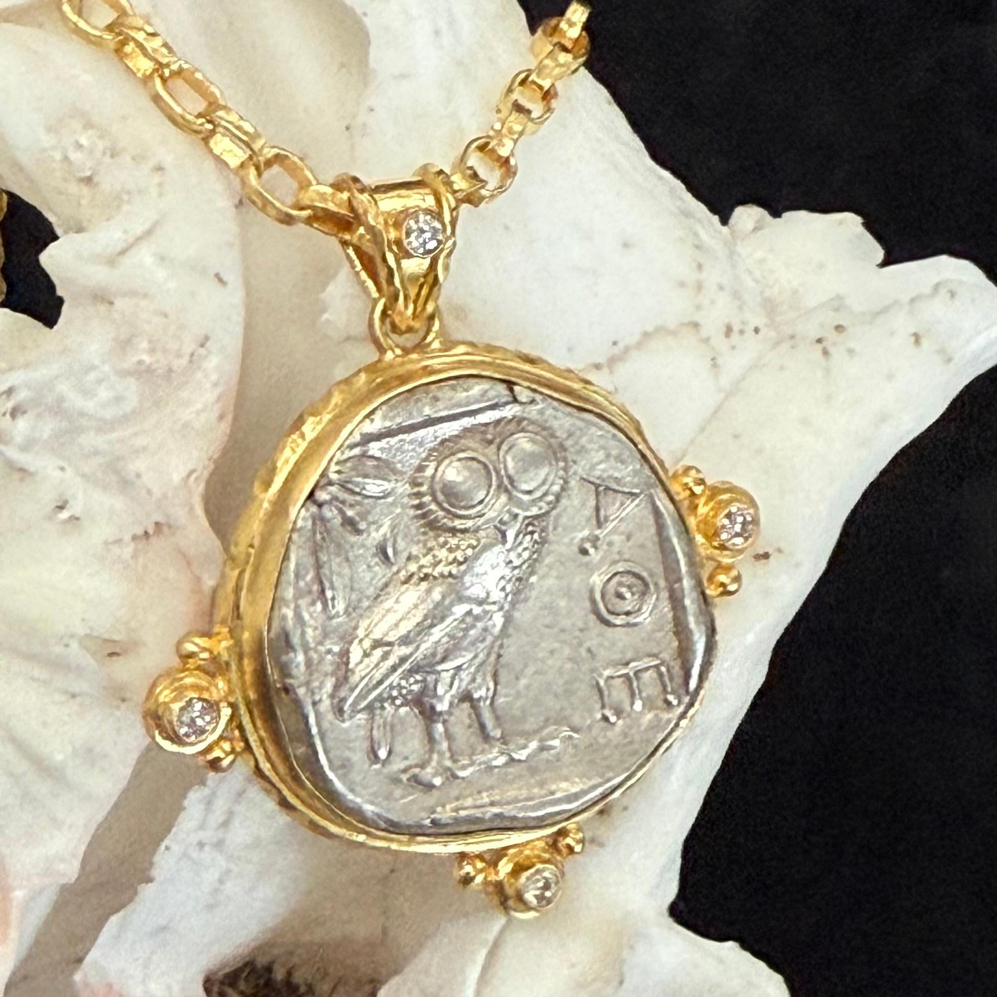 Ancient Greek 5th Century BC Athena Owl Coin Diamonds 18K Gold Pendant 5