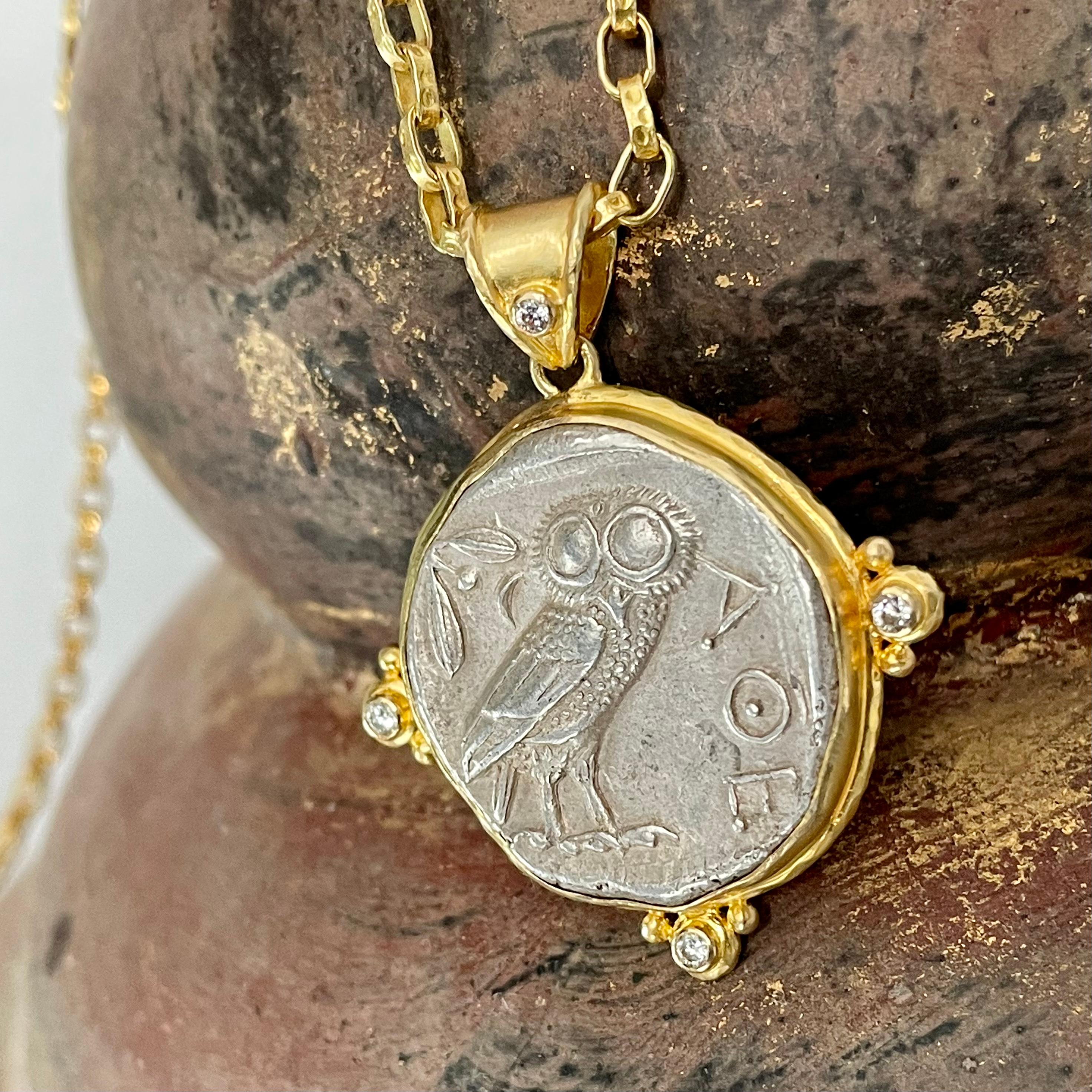 Ancient Greek 5th Century BC Athena Owl Coin Diamonds 18K Gold Pendant 3