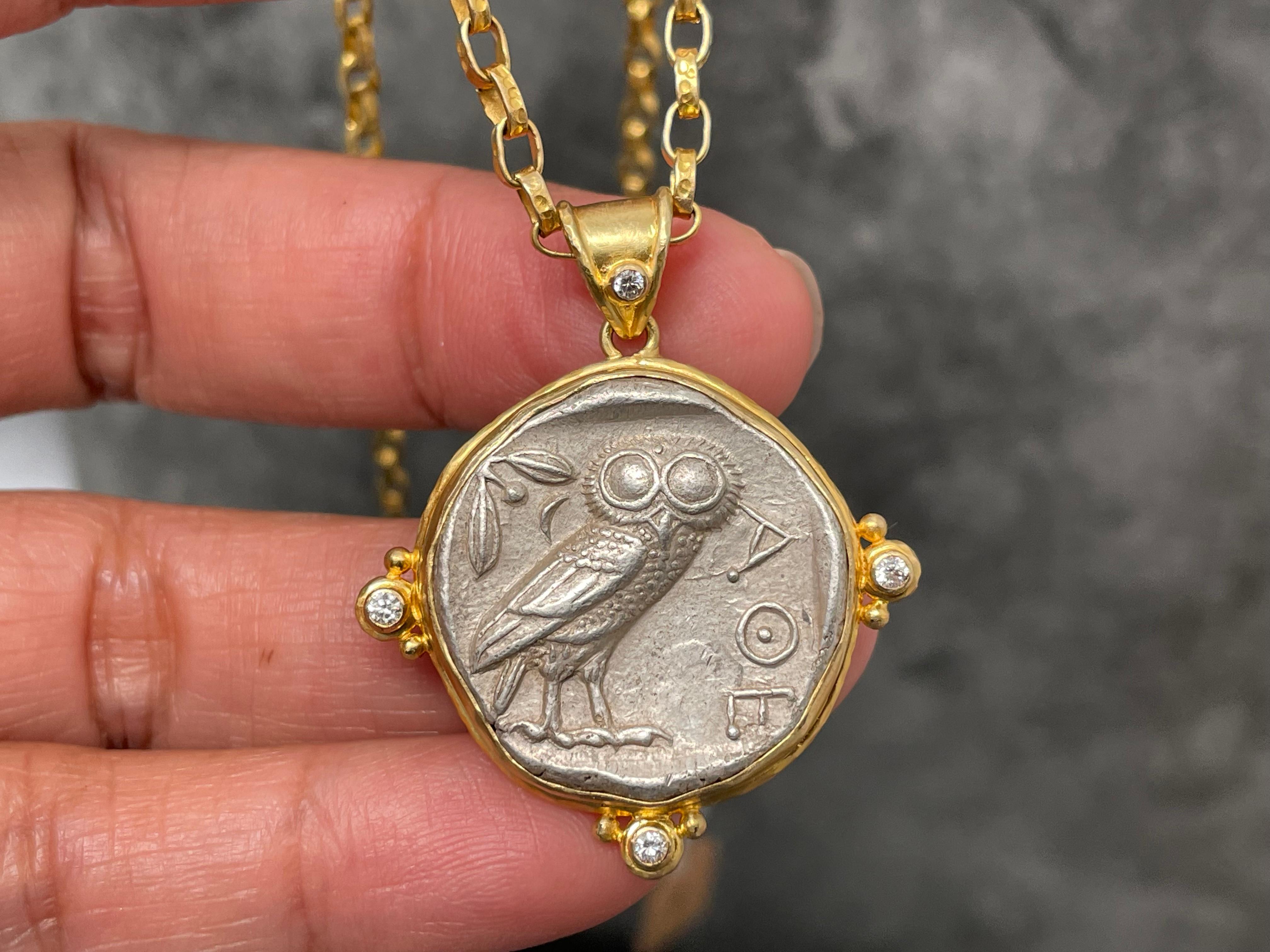 Ancient Greek 5th Century BC Athena Owl Coin Diamonds 18K Gold Pendant 4