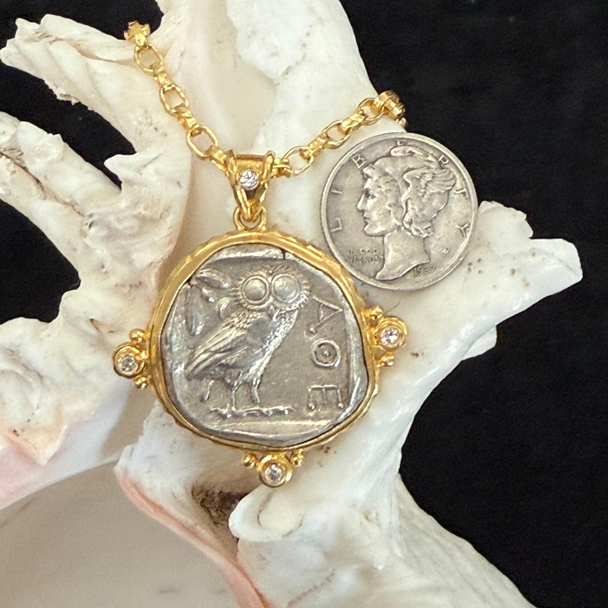 Ancient Greek 5th Century BC Athena Owl Coin Diamonds 18K Gold Pendant 7