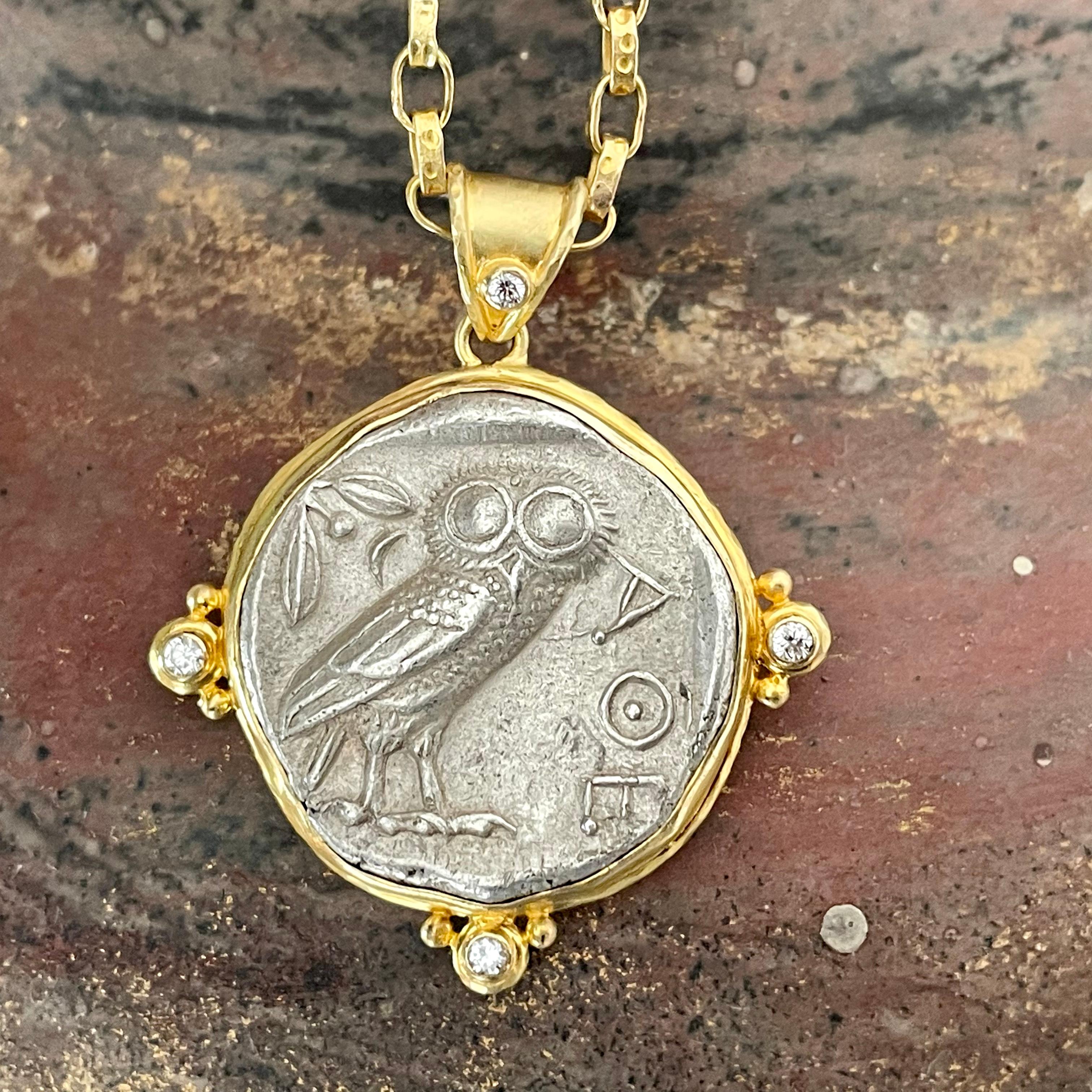 Ancient Greek 5th Century BC Athena Owl Coin Diamonds 18K Gold Pendant 5