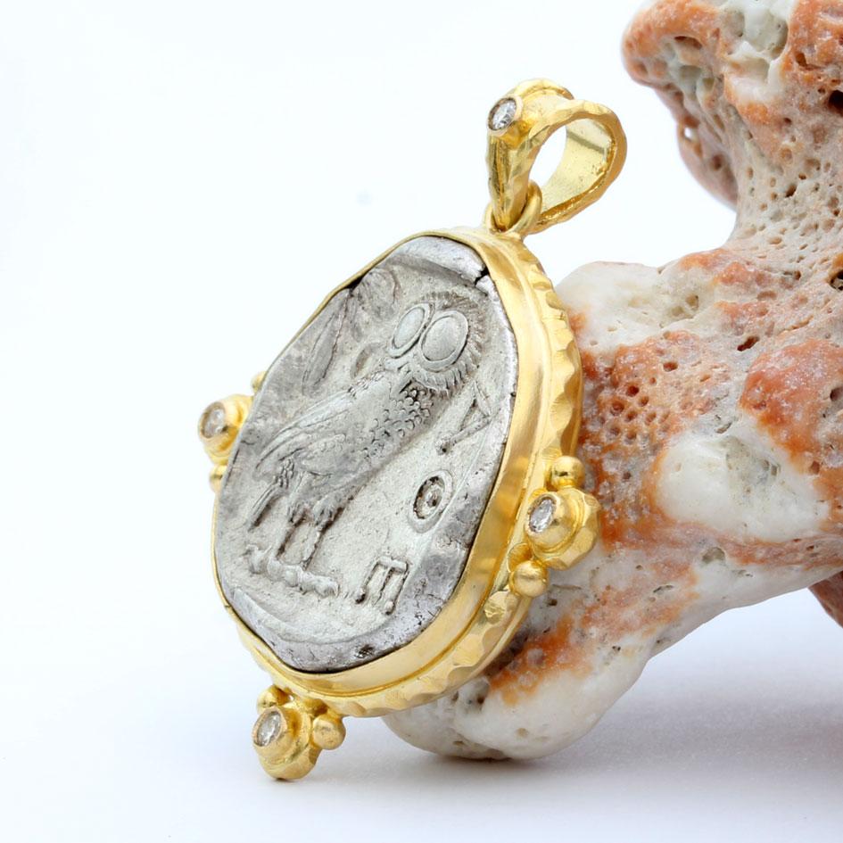 Classical Greek Ancient Greek 5th Century BC Athena Owl Coin Diamonds 18K Gold Pendant