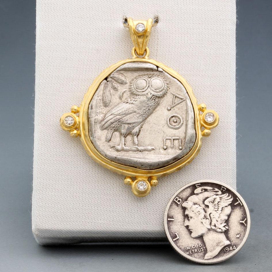 Rose Cut Ancient Greek 5th Century BC Athena Owl Coin Diamonds 18K Gold Pendant