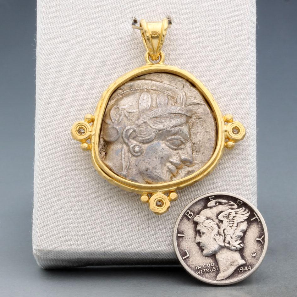 Ancient Greek 5th Century BC Athena Owl Coin Diamonds 18K Gold Pendant In New Condition In Soquel, CA