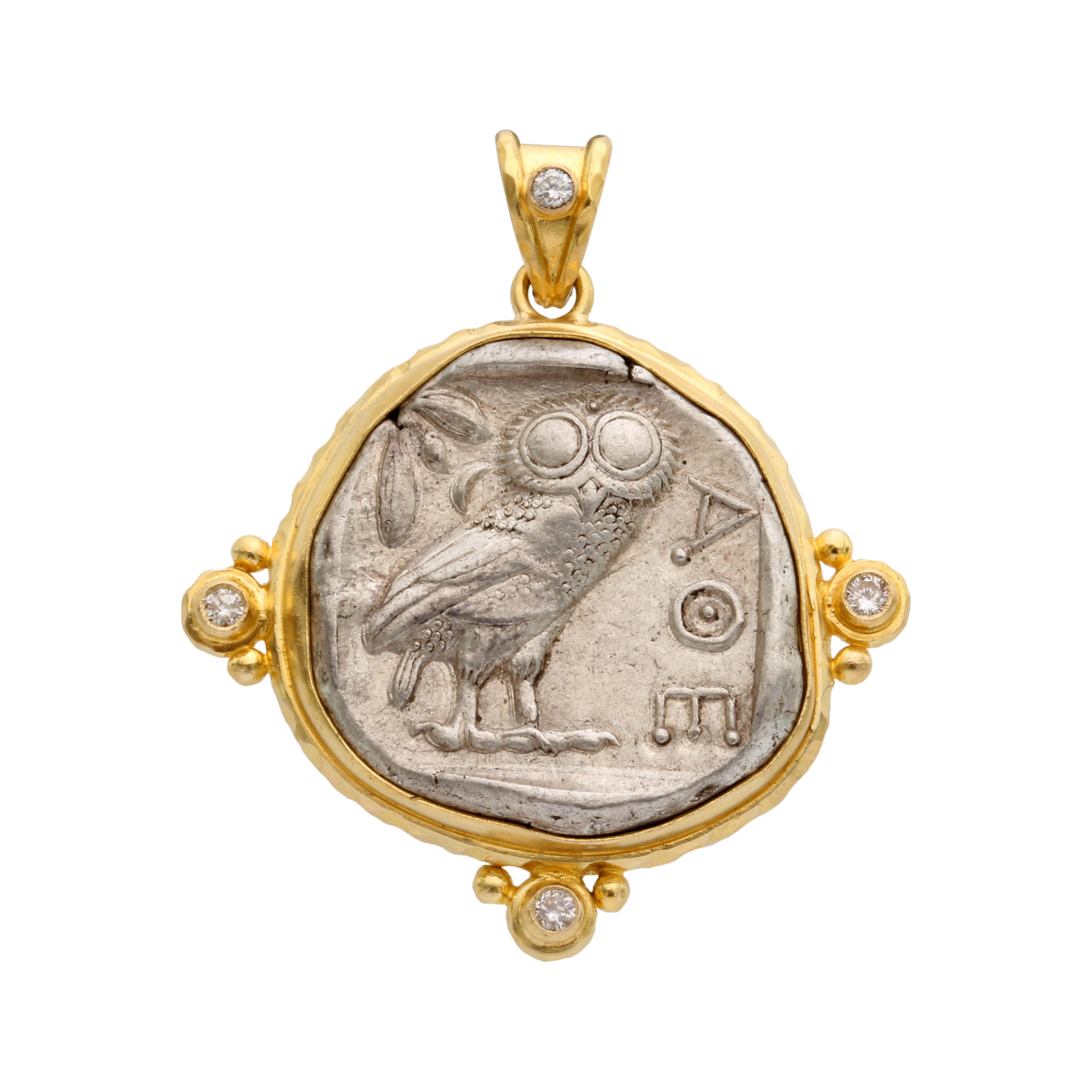 Women's or Men's Ancient Greek 5th Century BC Athena Owl Coin Diamonds 18K Gold Pendant