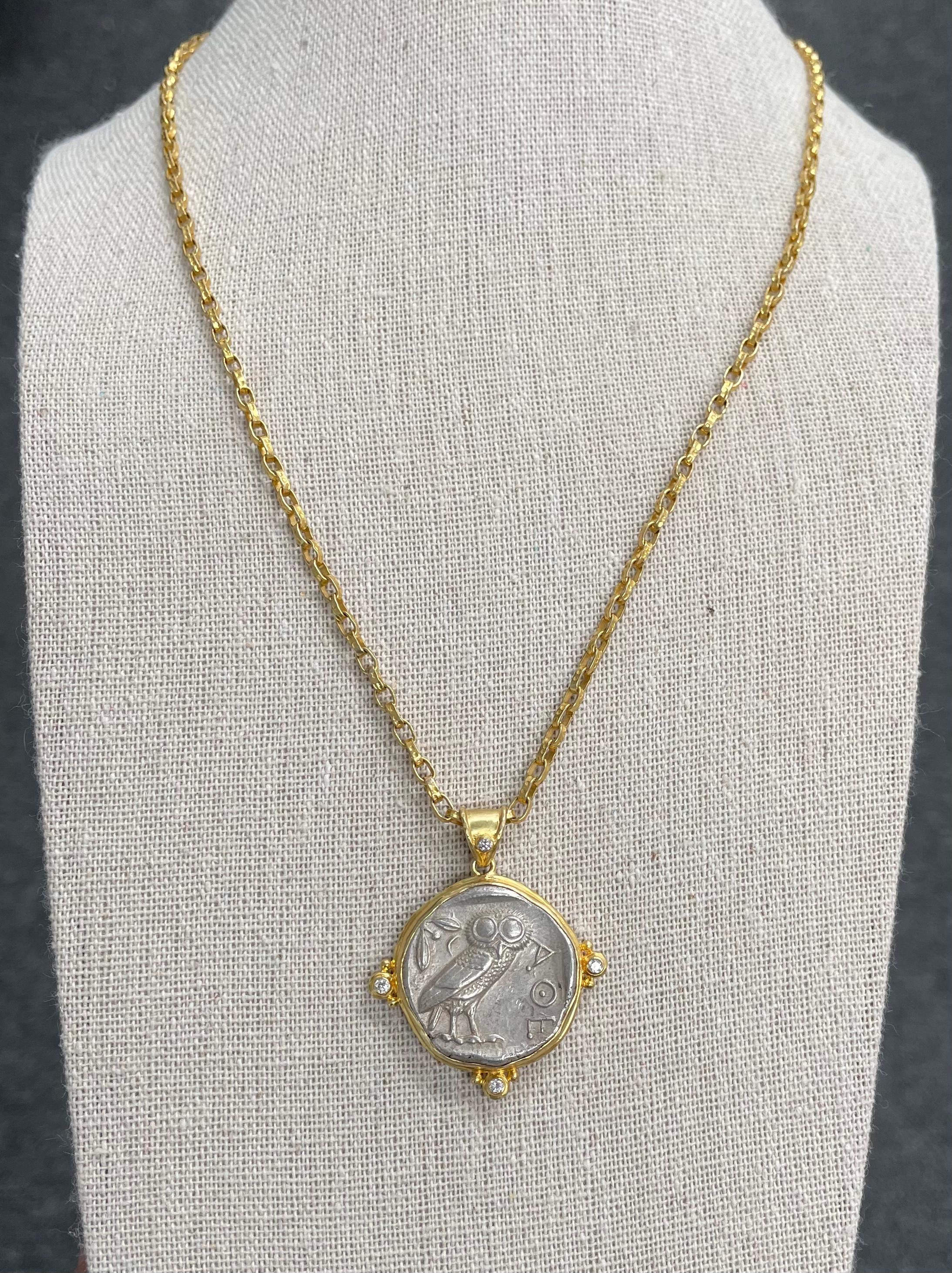 Rose Cut Ancient Greek 5th Century BC Athena Owl Coin Diamonds 18K Gold Pendant
