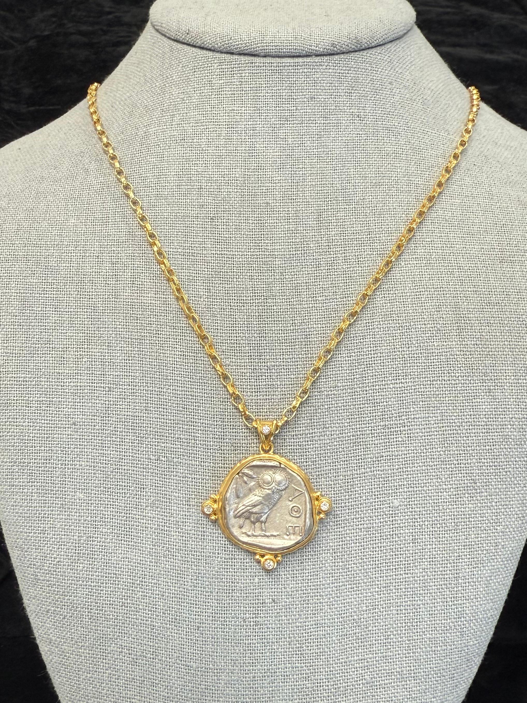 Ancient Greek 5th Century BC Athena Owl Coin Diamonds 18K Gold Pendant 1