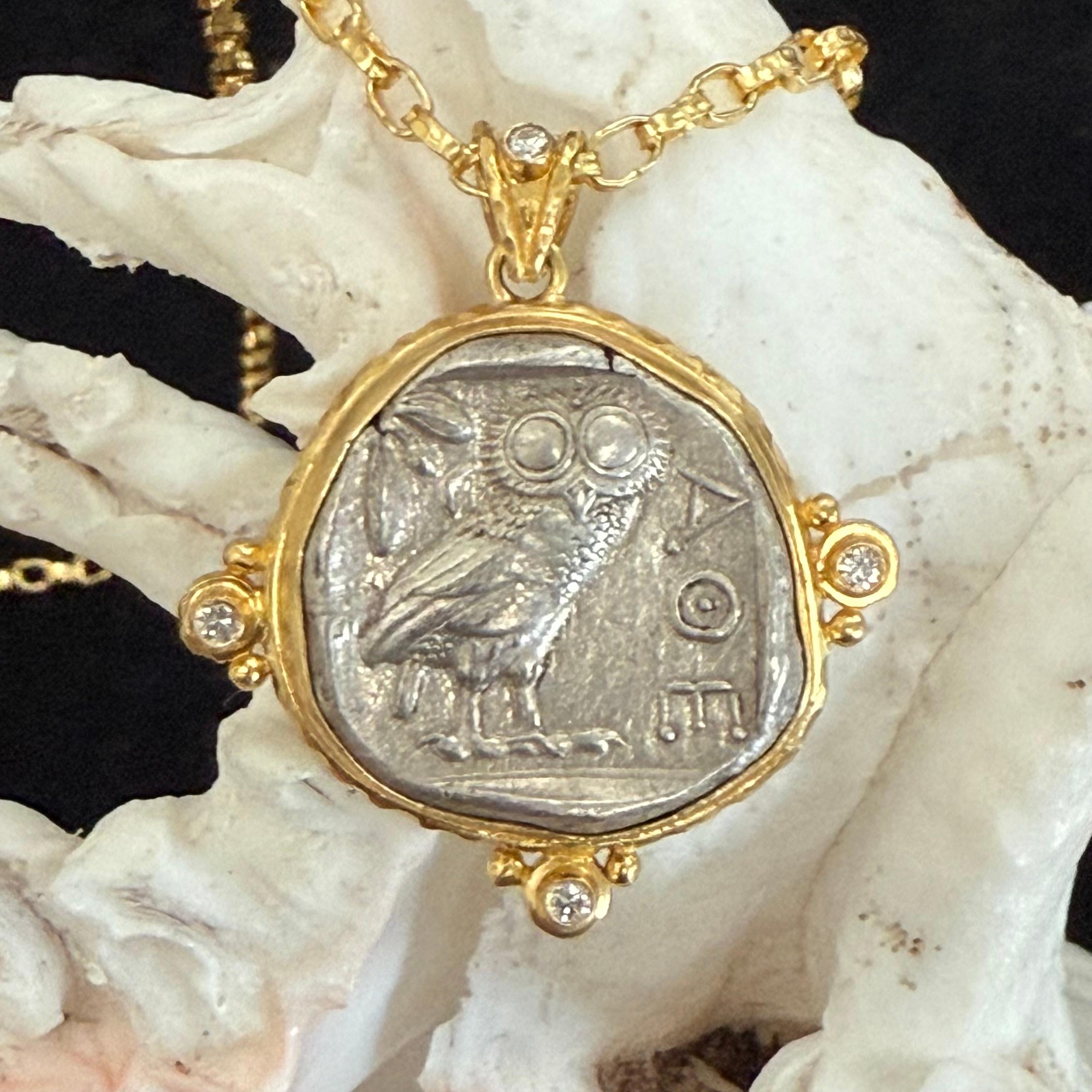 Ancient Greek 5th Century BC Athena Owl Coin Diamonds 18K Gold Pendant 2