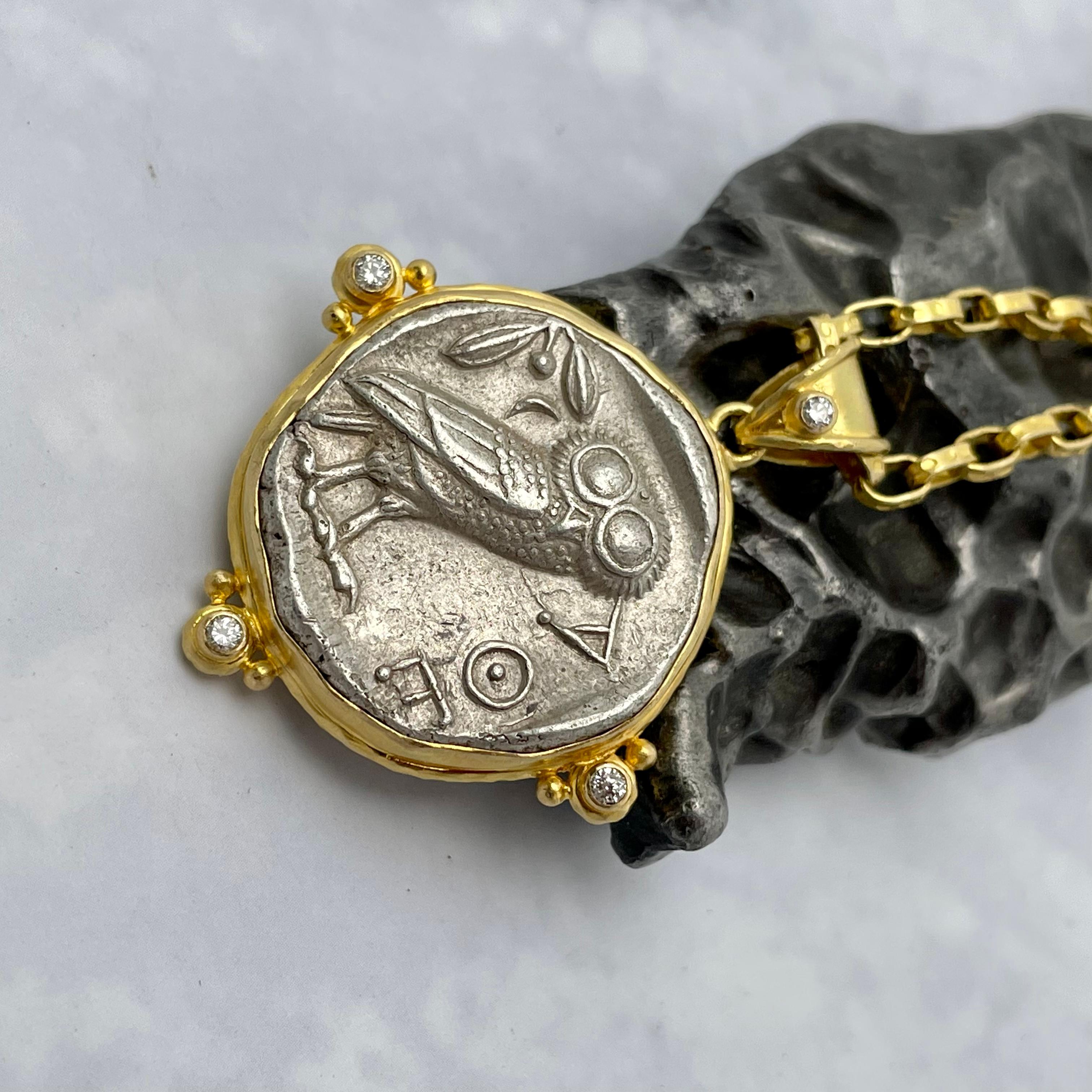 Women's or Men's Ancient Greek 5th Century BC Athena Owl Coin Diamonds 18K Gold Pendant