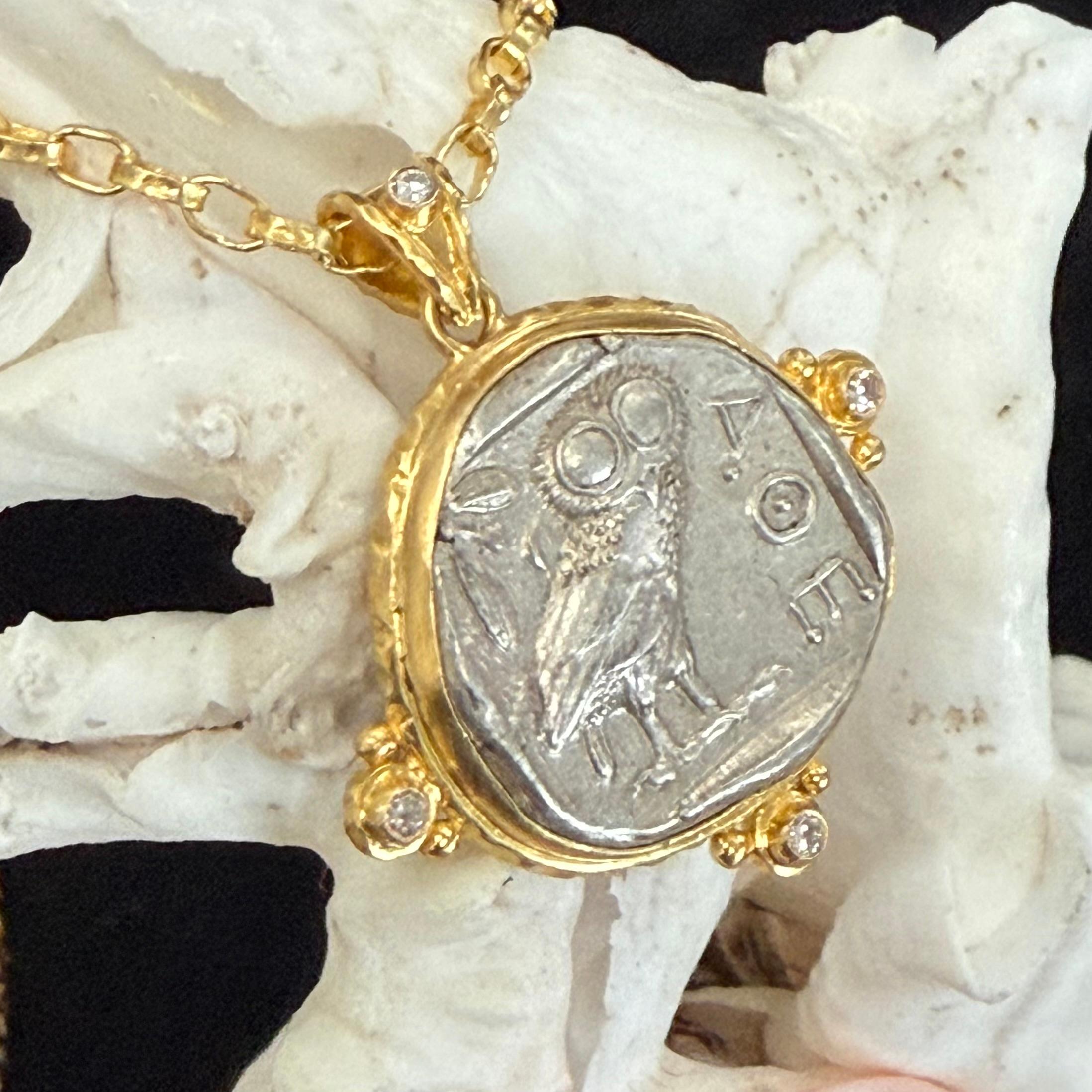 Ancient Greek 5th Century BC Athena Owl Coin Diamonds 18K Gold Pendant 3