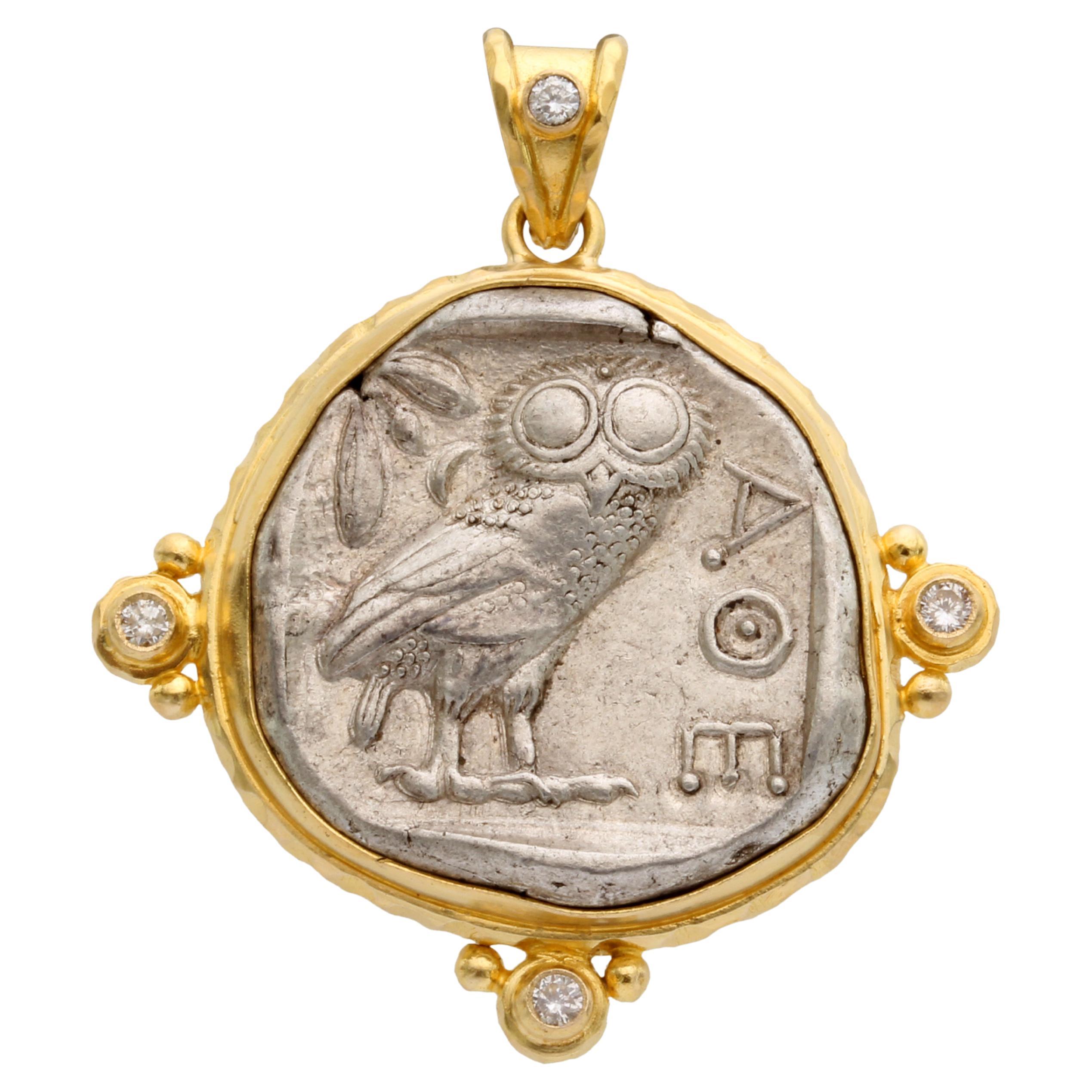 Ancient Greek 5th Century BC Athena Owl Coin Diamonds 18K Gold Pendant