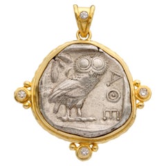 Ancient Greek 5th Century BC Athena Owl Coin Diamonds 18K Gold Pendant