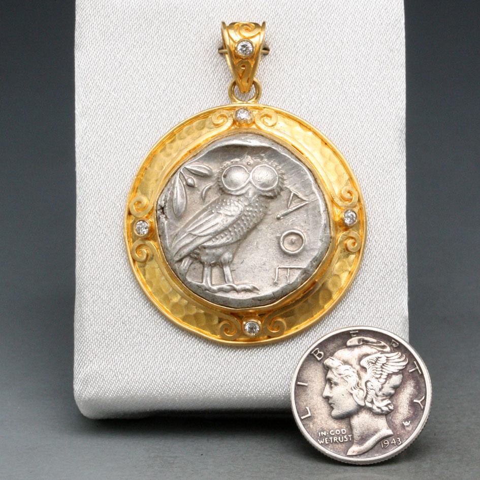 Ancient Greek 5th Century BC Athena Owl Coin Diamonds 22K Gold Pendant For Sale 1