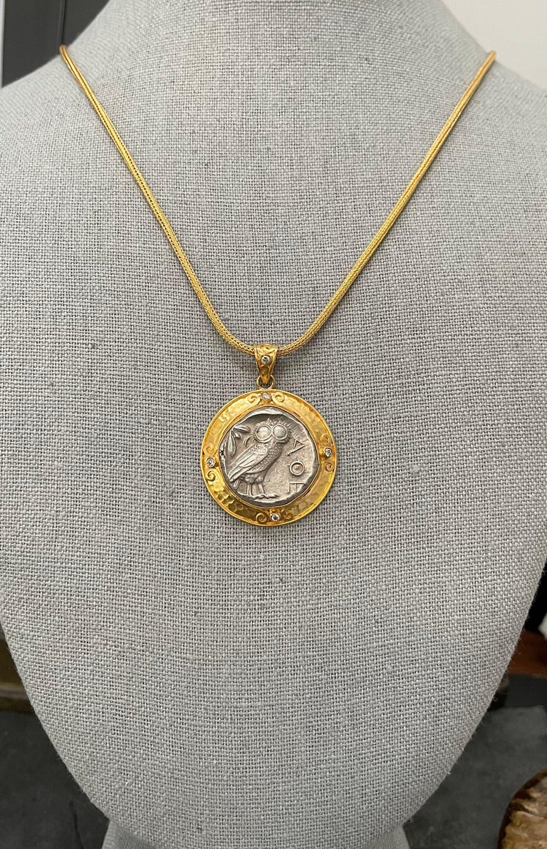 Rose Cut Ancient Greek 5th Century BC Athena Owl Coin Diamonds 22K Gold Pendant For Sale