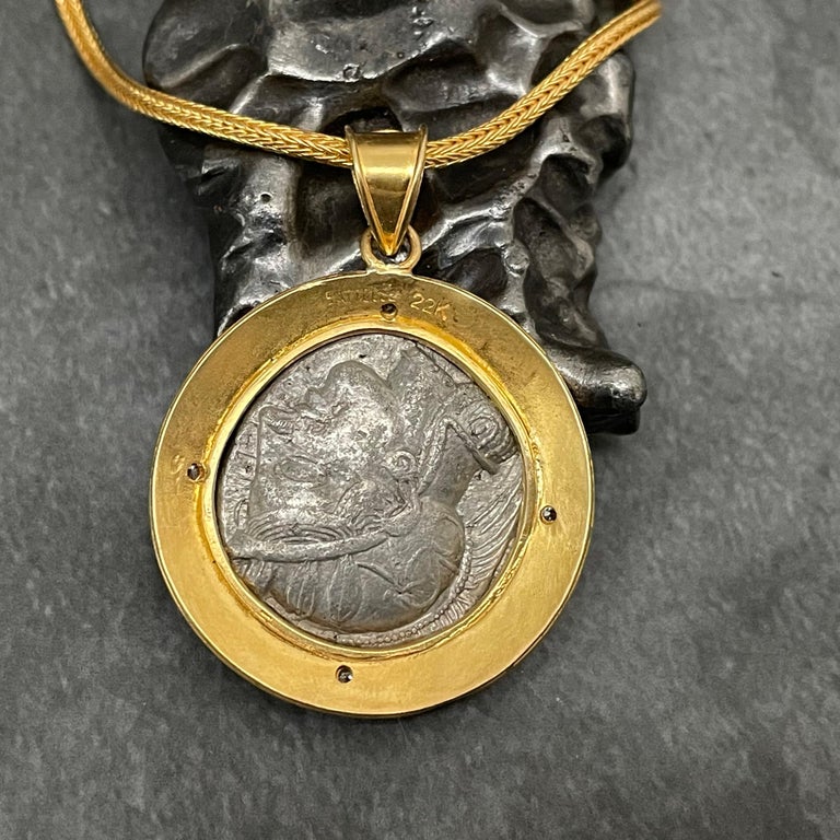 Ancient Greek 5th Century BC Athena Owl Coin Diamonds 22K Gold Pendant In New Condition For Sale In Soquel, CA