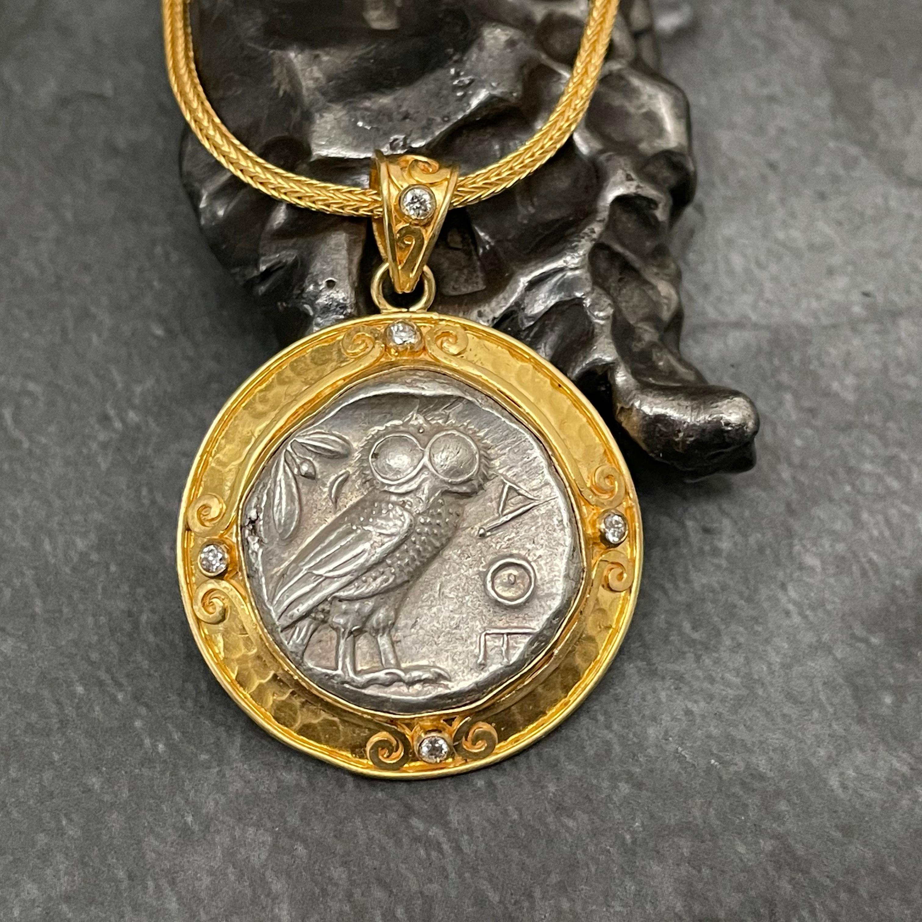 Classical Greek Ancient Greek 5th Century BC Athena Owl Coin Diamonds 22K Gold Pendant For Sale
