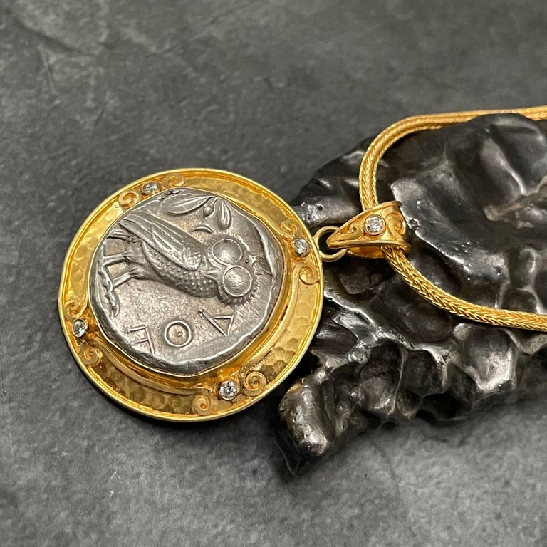 Ancient Greek 5th Century BC Athena Owl Coin Diamonds 22K Gold Pendant For Sale 2