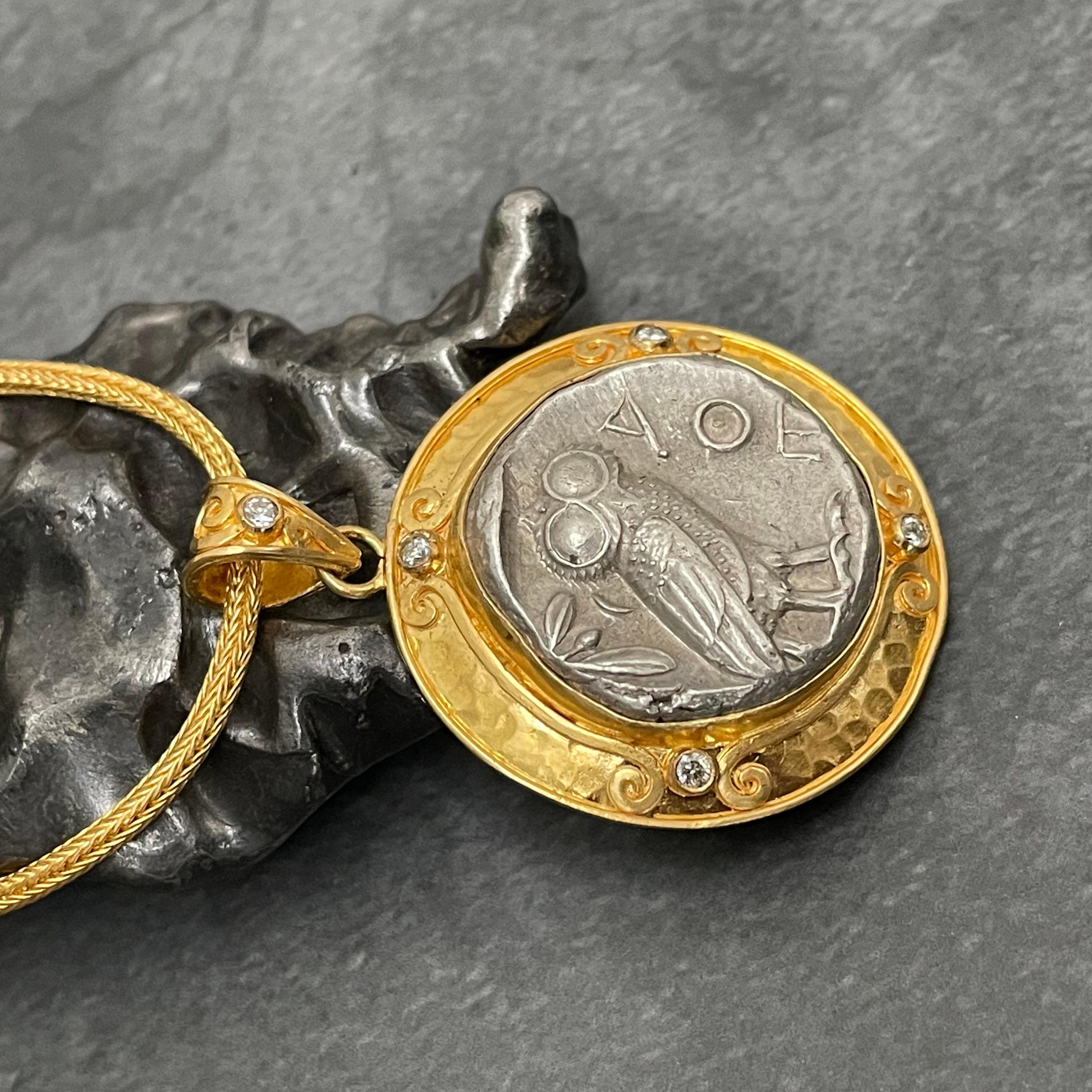 Women's or Men's Ancient Greek 5th Century BC Athena Owl Coin Diamonds 22K Gold Pendant For Sale