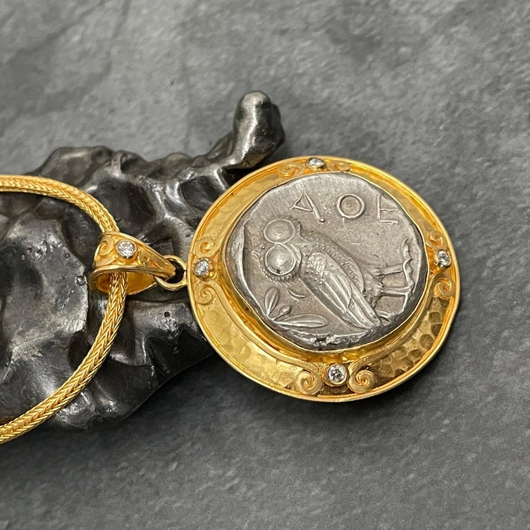 Ancient Greek 5th Century BC Athena Owl Coin Diamonds 22K Gold Pendant For Sale 3