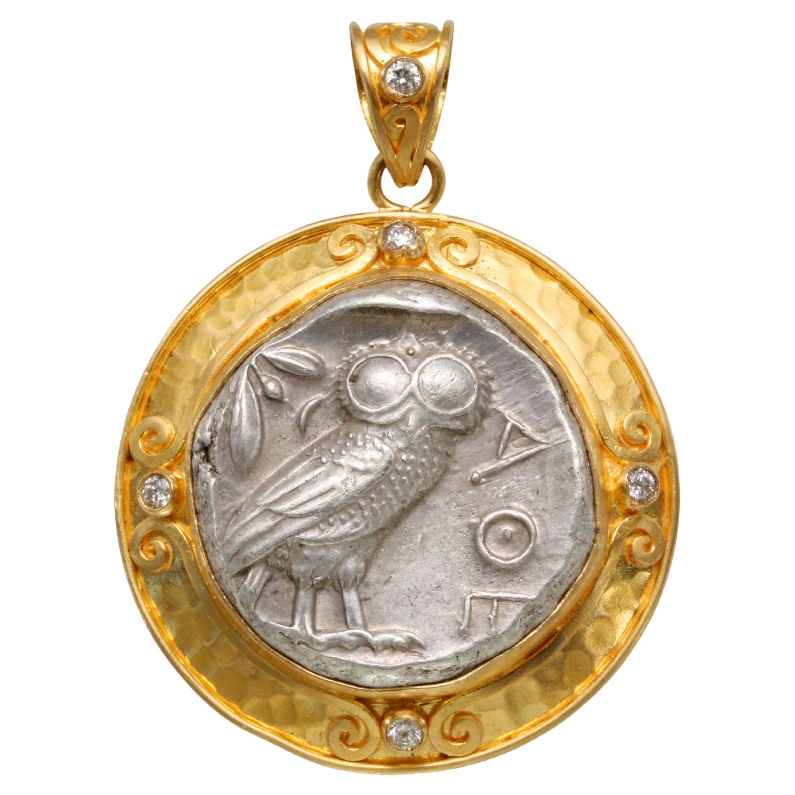 Pendentif en or 22K en grec ancien, 5e siècle avant J.-C., Athéna, hibou, pièce de monnaie, diamants