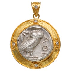 Ancient Greek 5th Century BC Athena Owl Coin Diamonds 22K Gold Pendant