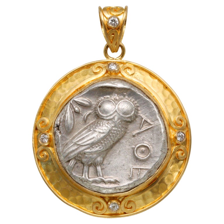 Ancient Greek 5th Century BC Athena Owl Coin Diamonds 22K Gold Pendant For Sale