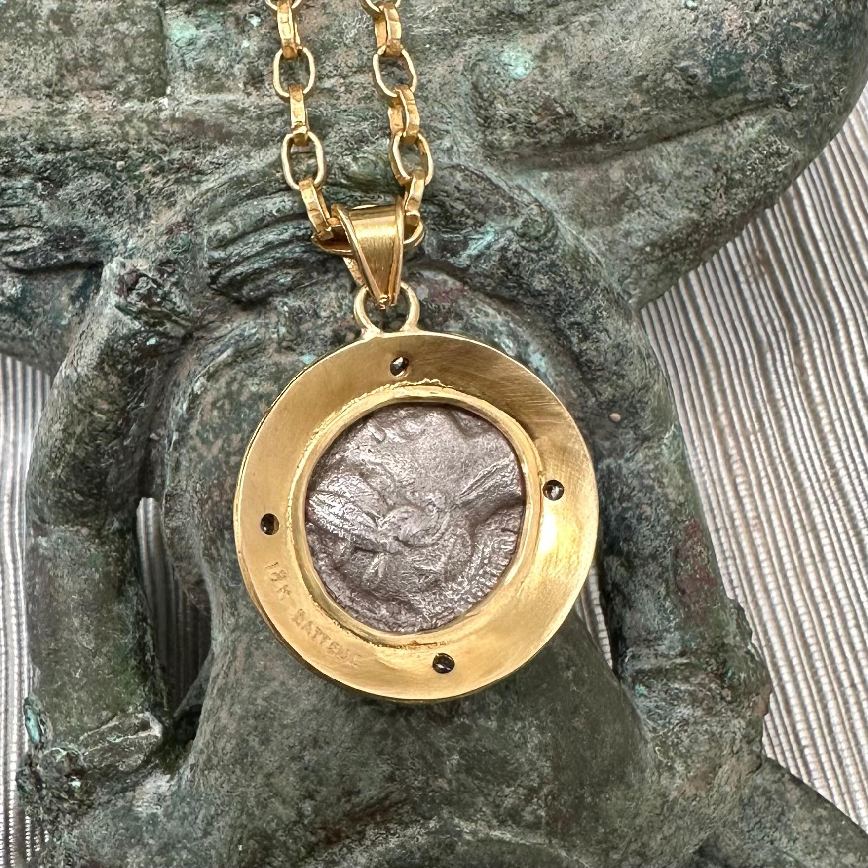 Ancient Greek 5th Century BC Athena Owl Drachm Coin Diamonds 18K Gold Pendant 4