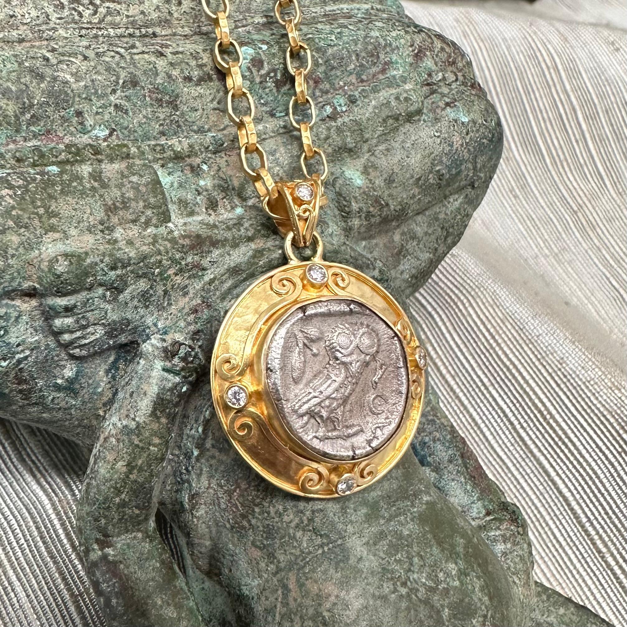 Ancient Greek 5th Century BC Athena Owl Drachm Coin Diamonds 18K Gold Pendant 5