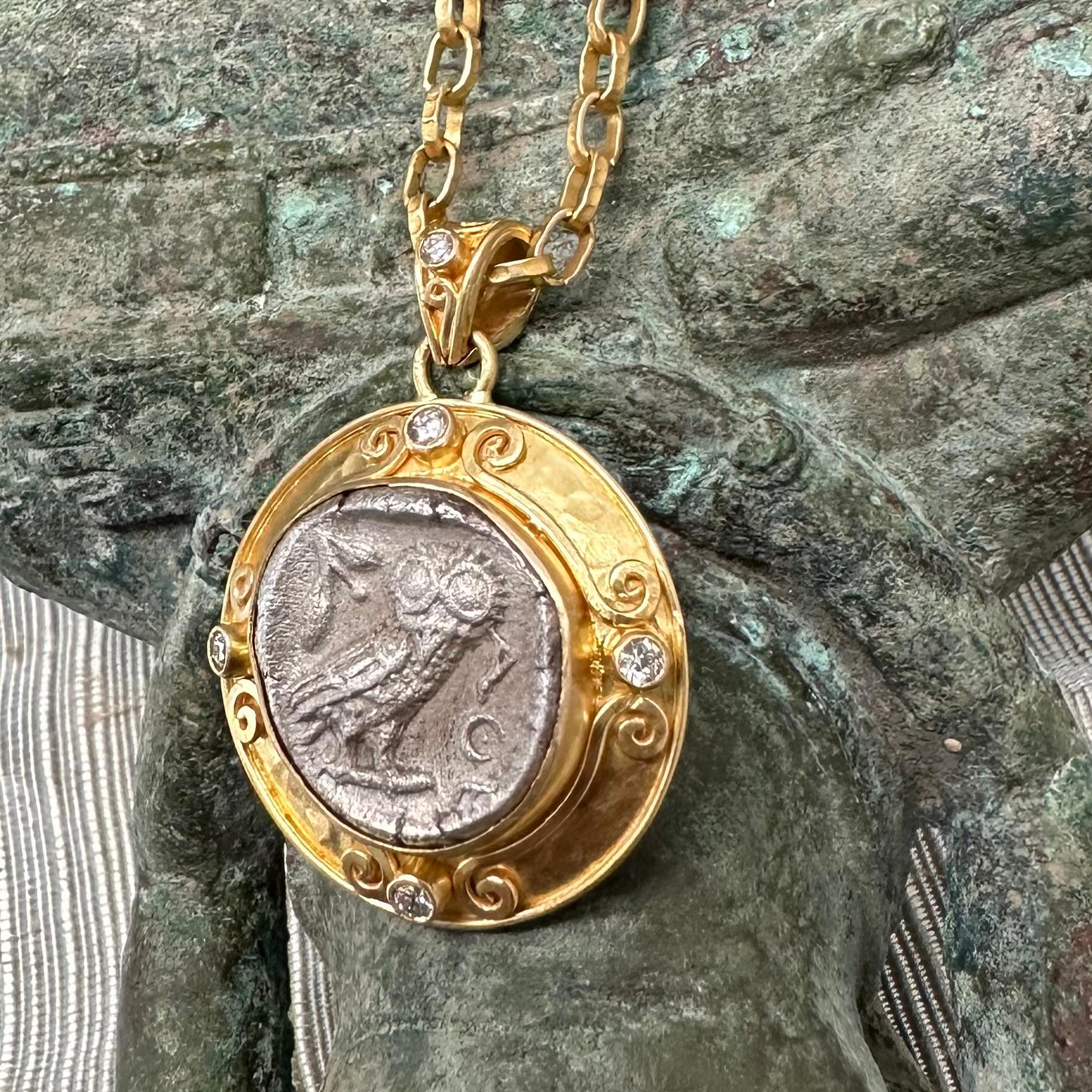 Ancient Greek 5th Century BC Athena Owl Drachm Coin Diamonds 18K Gold Pendant 6