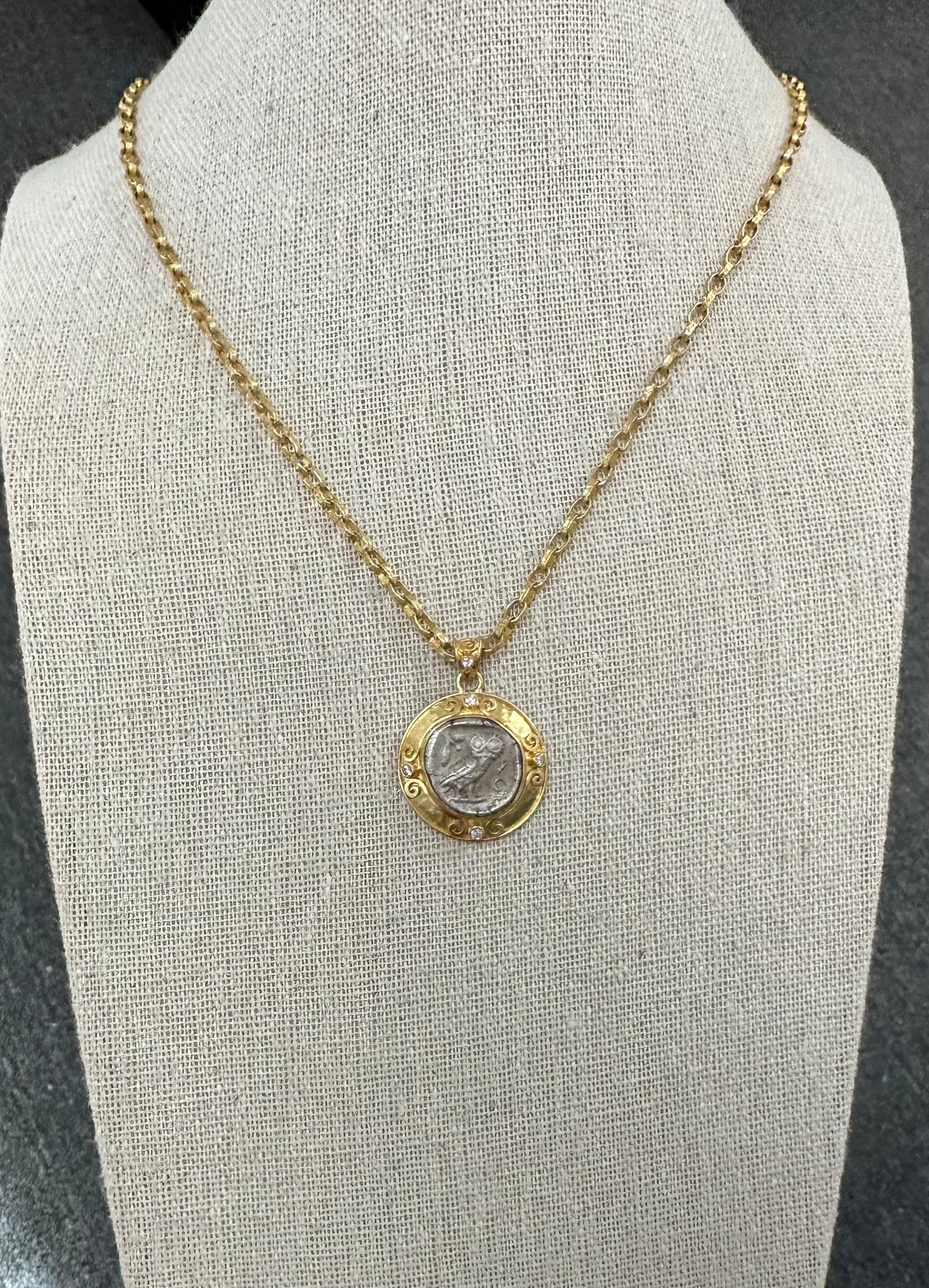 Ancient Greek 5th Century BC Athena Owl Drachm Coin Diamonds 18K Gold Pendant 7