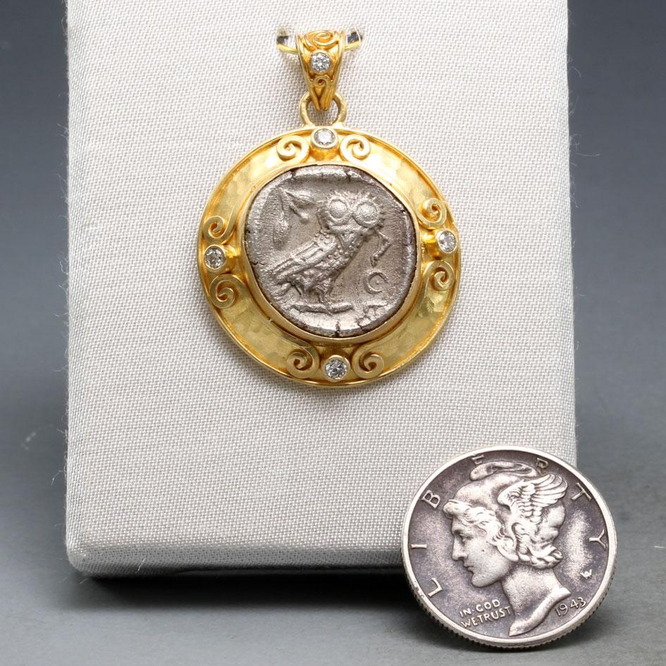 Classical Greek Ancient Greek 5th Century BC Athena Owl Drachm Coin Diamonds 18K Gold Pendant