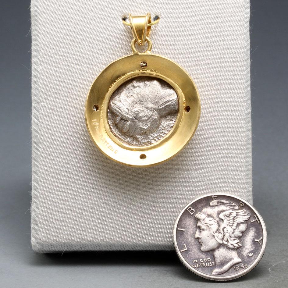 Rose Cut Ancient Greek 5th Century BC Athena Owl Drachm Coin Diamonds 18K Gold Pendant