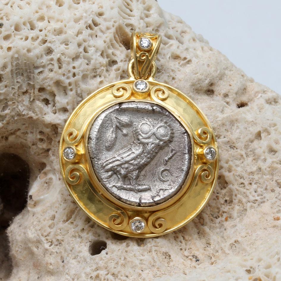 Women's or Men's Ancient Greek 5th Century BC Athena Owl Drachm Coin Diamonds 18K Gold Pendant