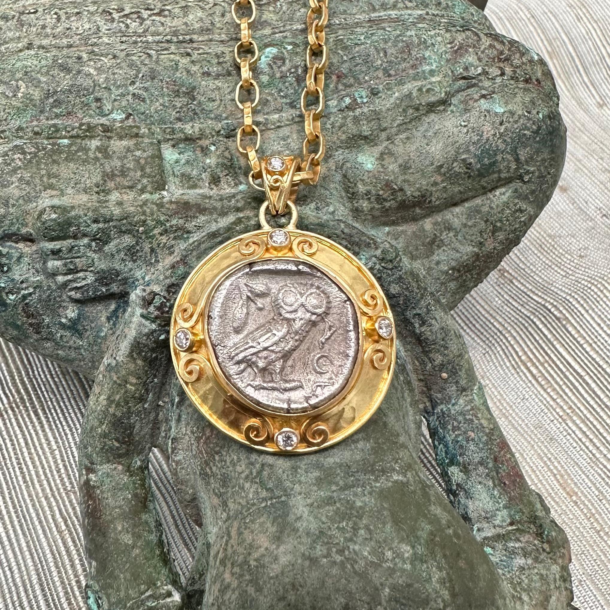 Ancient Greek 5th Century BC Athena Owl Drachm Coin Diamonds 18K Gold Pendant 2