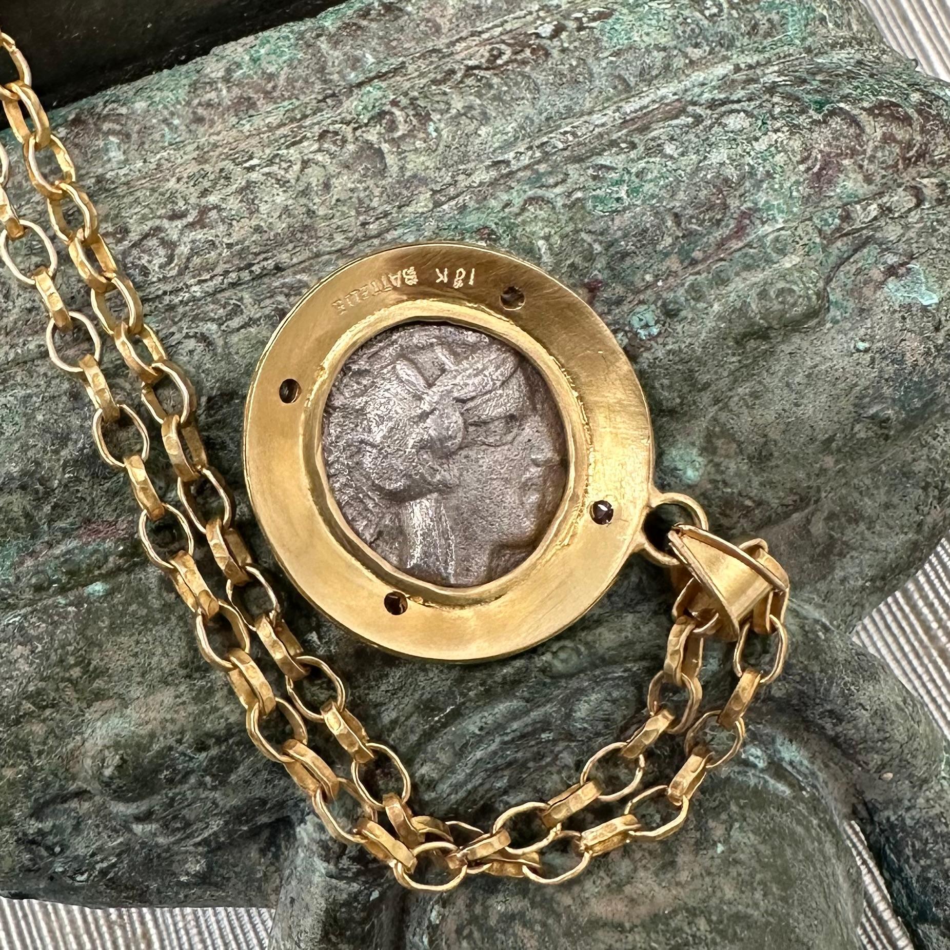 Ancient Greek 5th Century BC Athena Owl Drachm Coin Diamonds 18K Gold Pendant 3