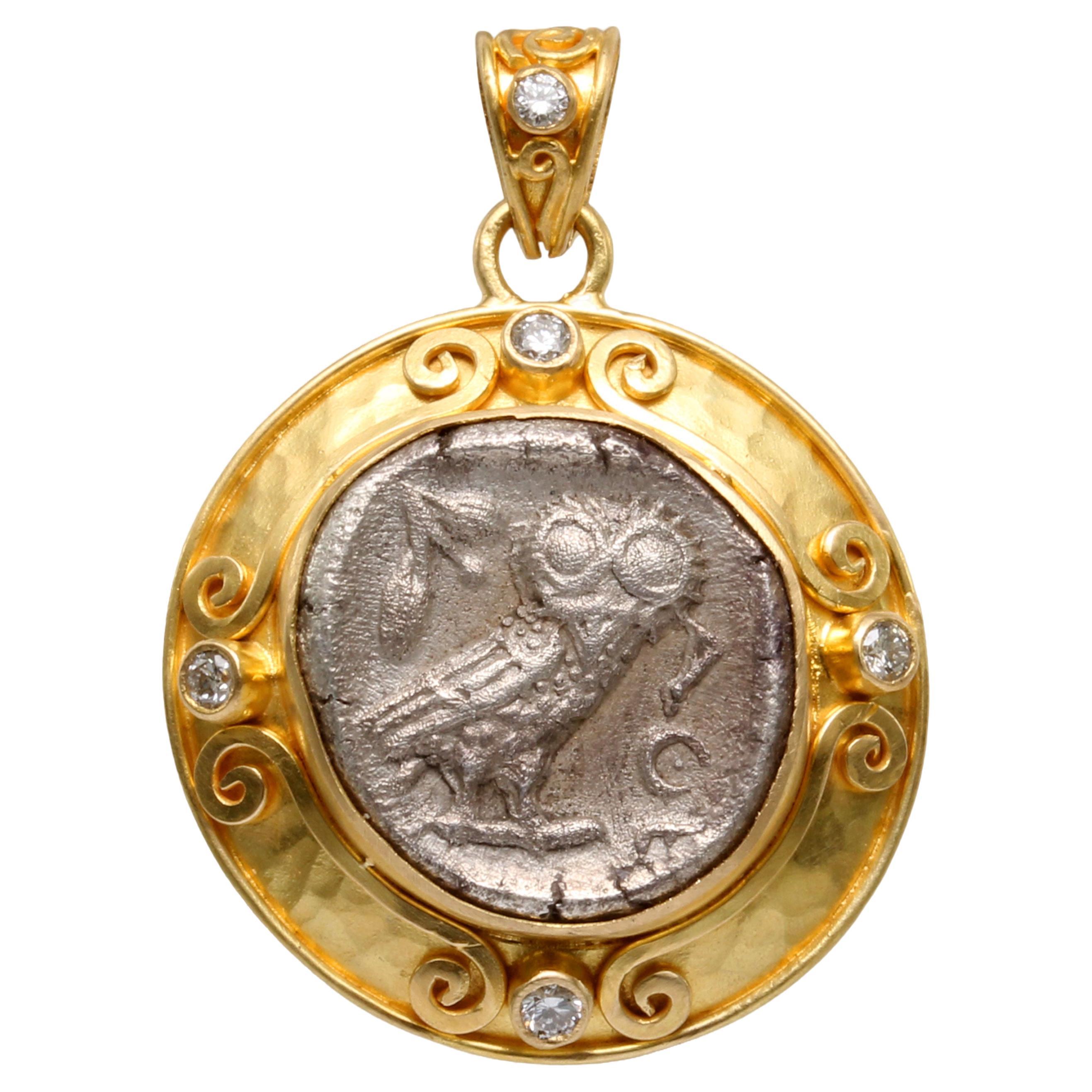 Ancient Greek 5th Century BC Athena Owl Drachm Coin Diamonds 18K Gold Pendant