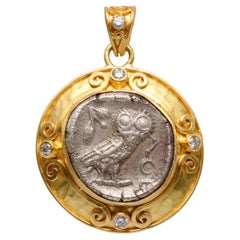Ancient Greek 5th Century BC Athena Owl Drachm Coin Diamonds 18K Gold Pendant