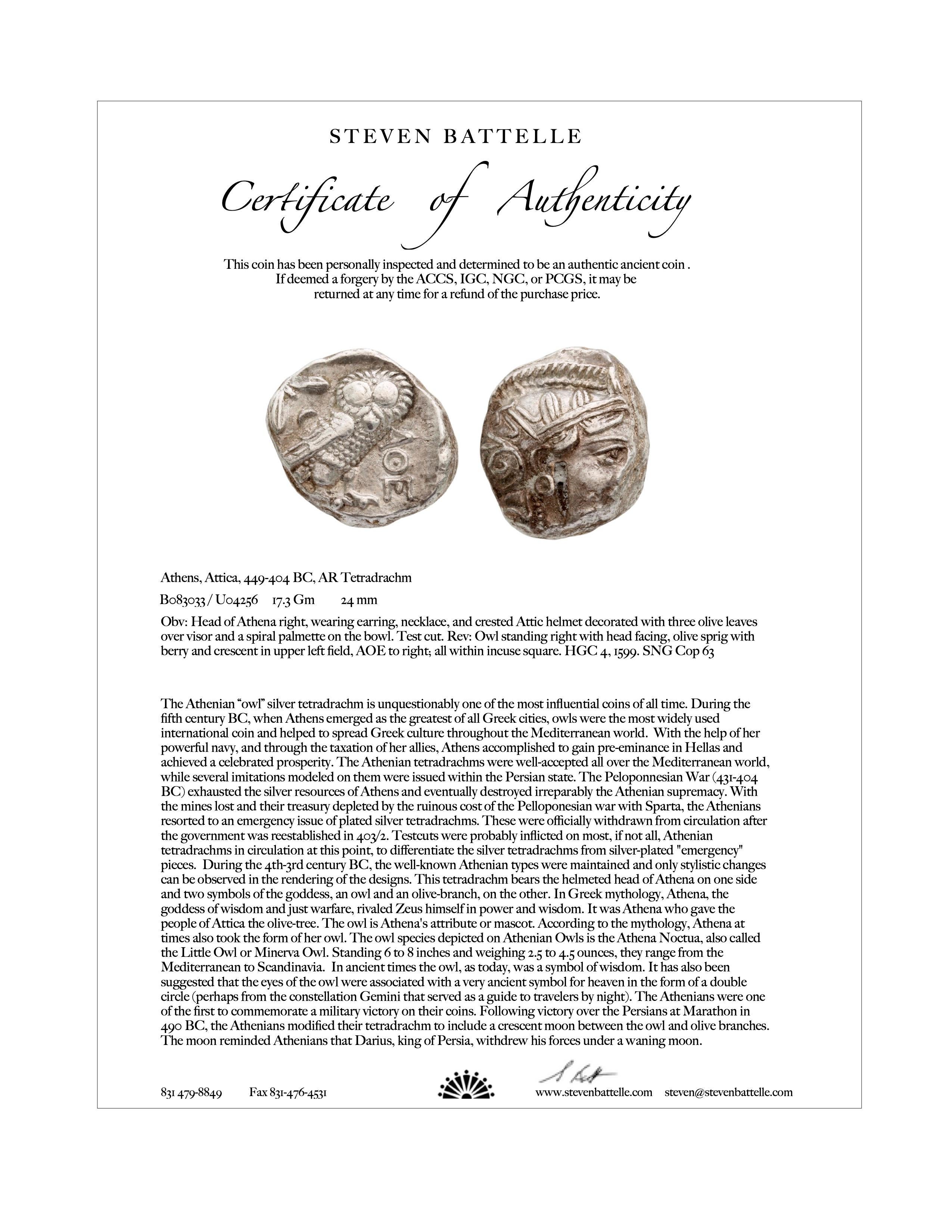 Antiguo Griego Siglo V a.C. Moneda de Búho de Atenas Colgante de Oro de 18K en venta 1